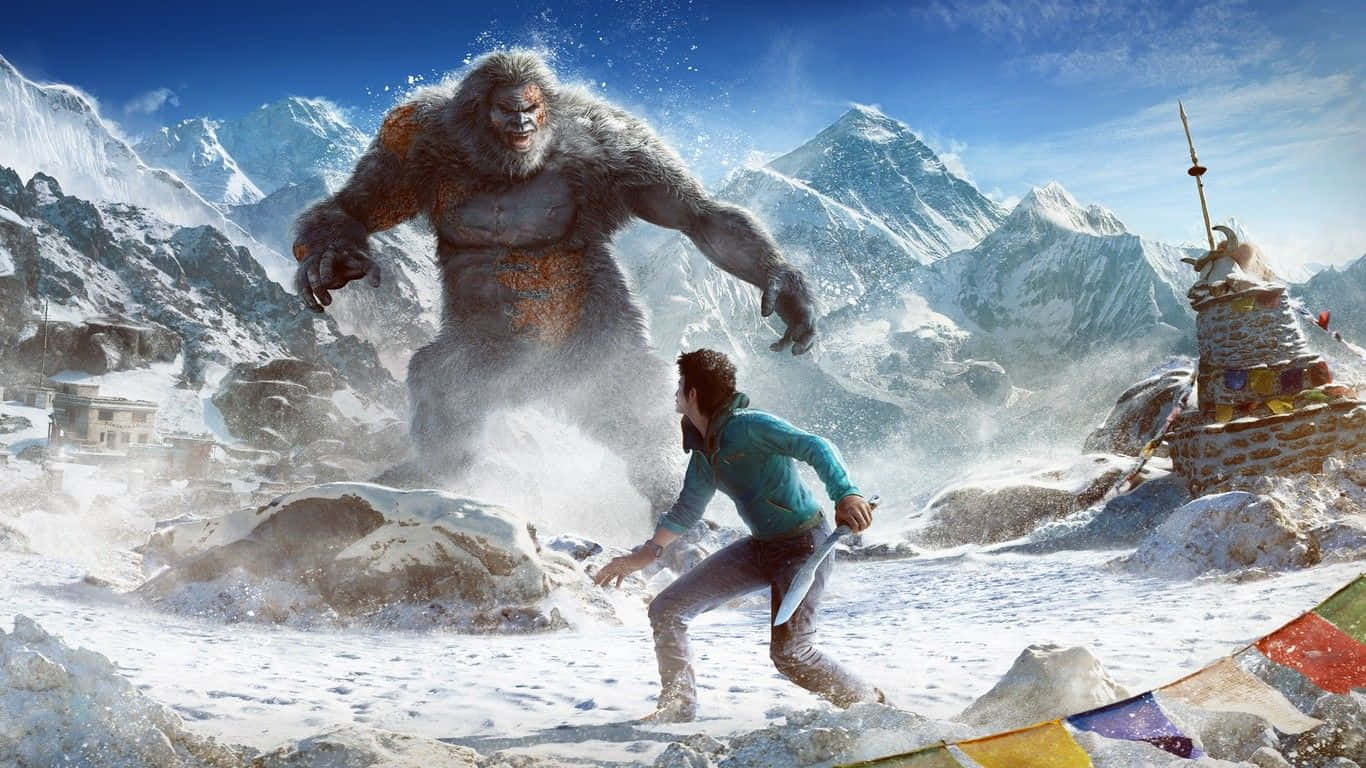 電玩遊戲 桌布 壁紙 — 一個男人拿著刀，在一個白雪覆蓋的山村中，在明亮的藍天下，從一個巨大的雪人雪怪中逃跑。