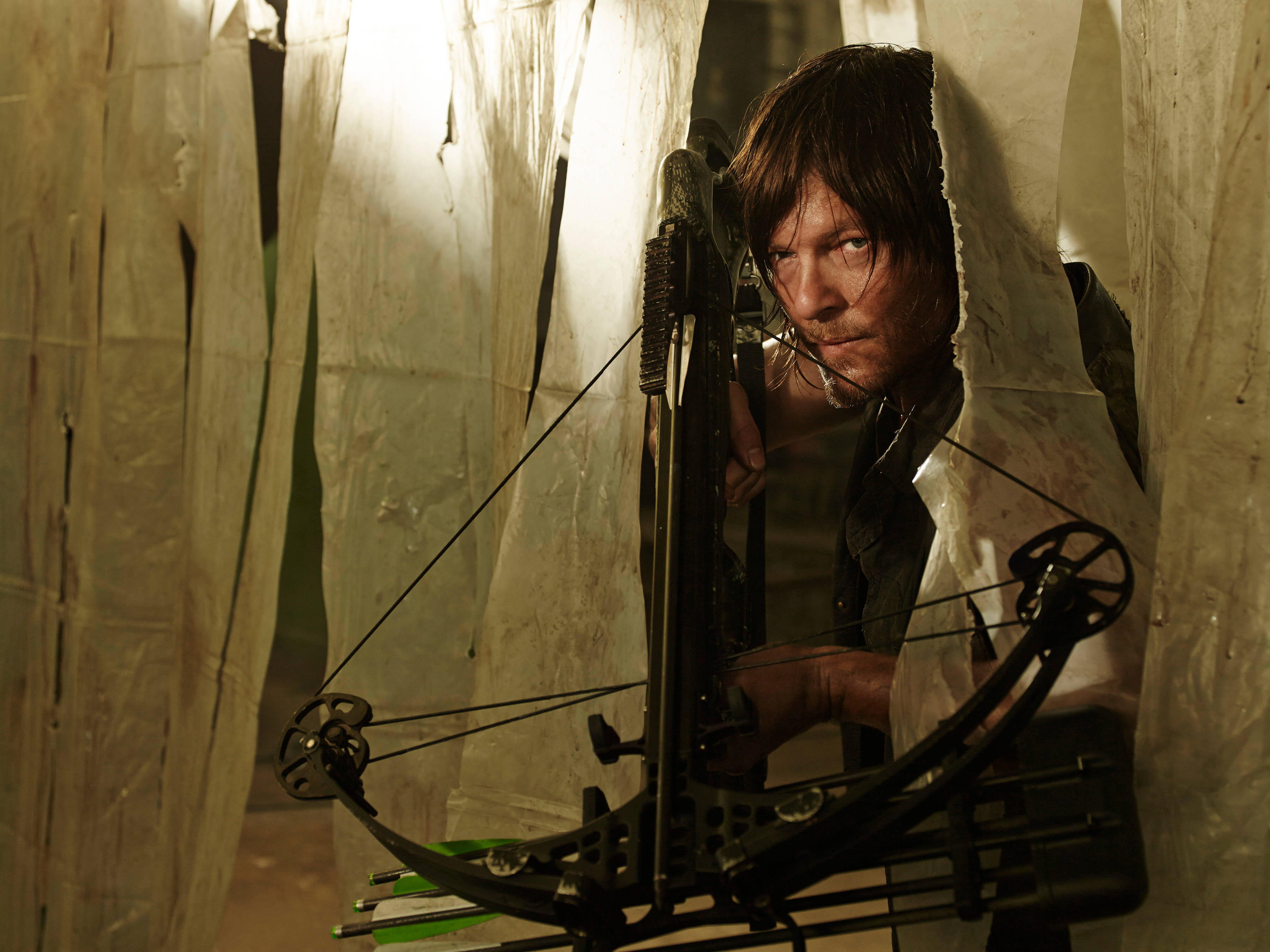 Walking Dead Daryl 桌布 壁紙 — 一個男人拿著弓，透過破爛的白色防水布在昏暗骯髒的環境中窺視。