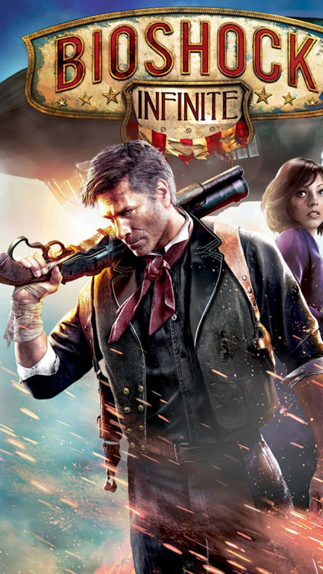 桌布 壁紙 — 一個男人拿著散彈槍和一個女人在『Bioshock Infinite』標誌下的火熱天空中準備好。