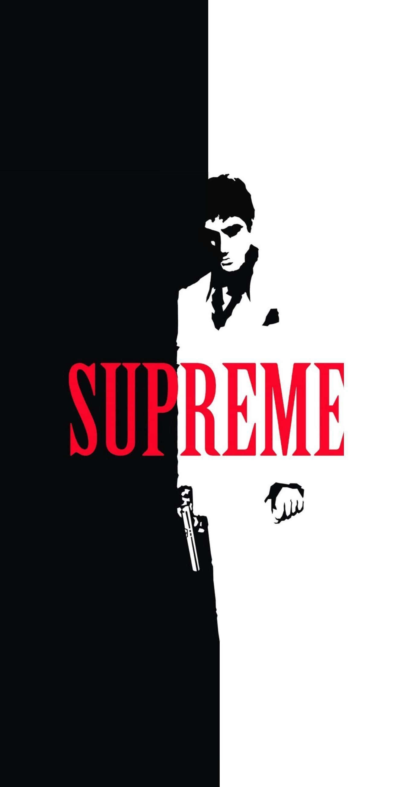 Scarface Desktop 桌布 壁紙 — 一個男人持槍的鮮明黑白圖像，胸前有粗體紅色字樣 SUPREME。