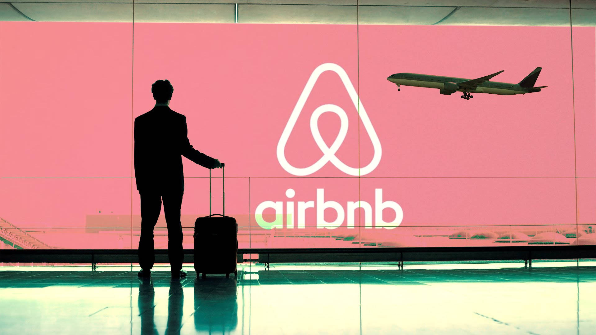 Airport 桌布 壁紙 — 一個男人提著手提箱的剪影站在一個巨大的粉紅色Airbnb標誌前面，一架飛機在機場航廈上空飛過。