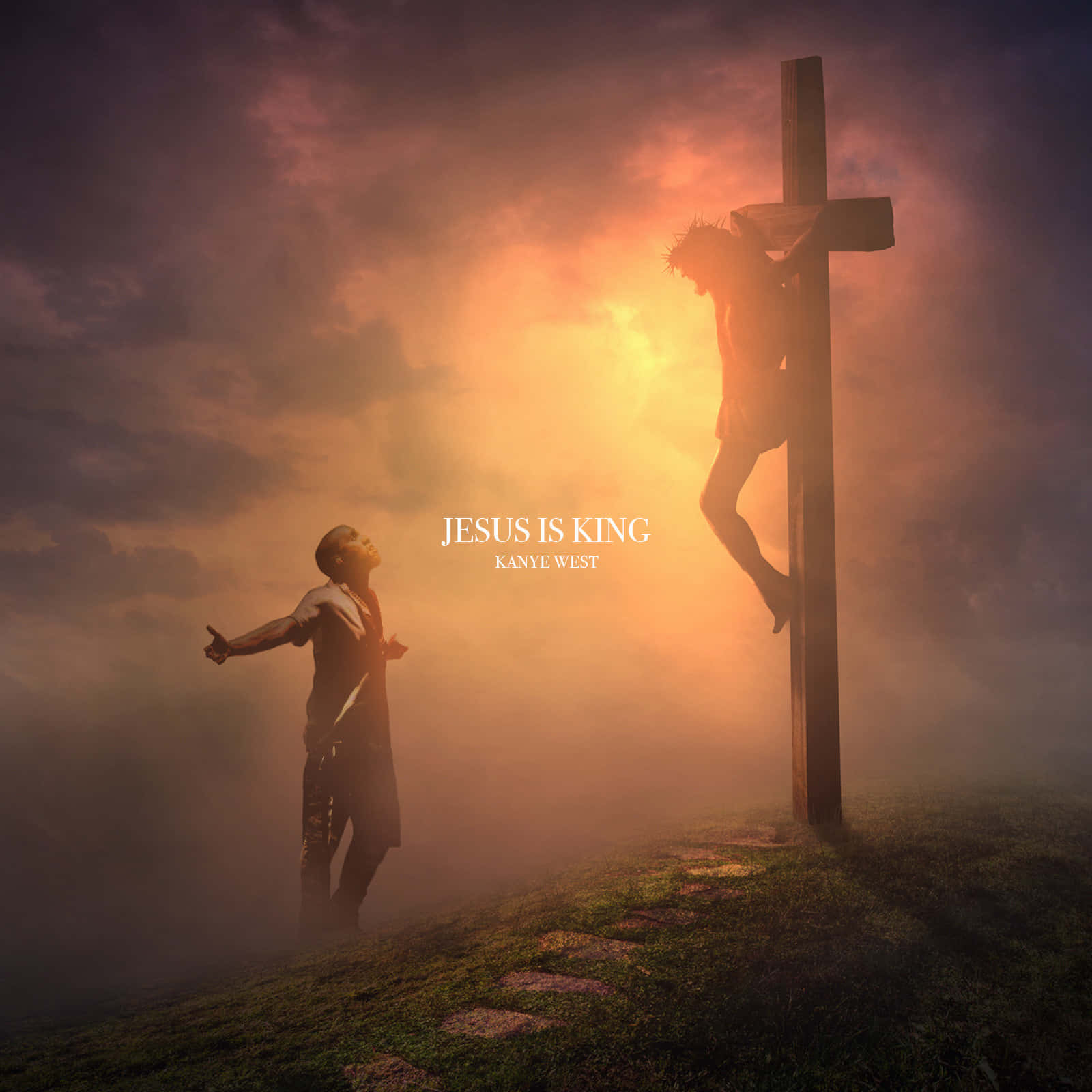 Christianity 桌布 壁紙 — 一個男人敬畏地站在一個發光的十字架前，十字架上有一個被釘死的人物剪影，映襯著火紅的日落天空。