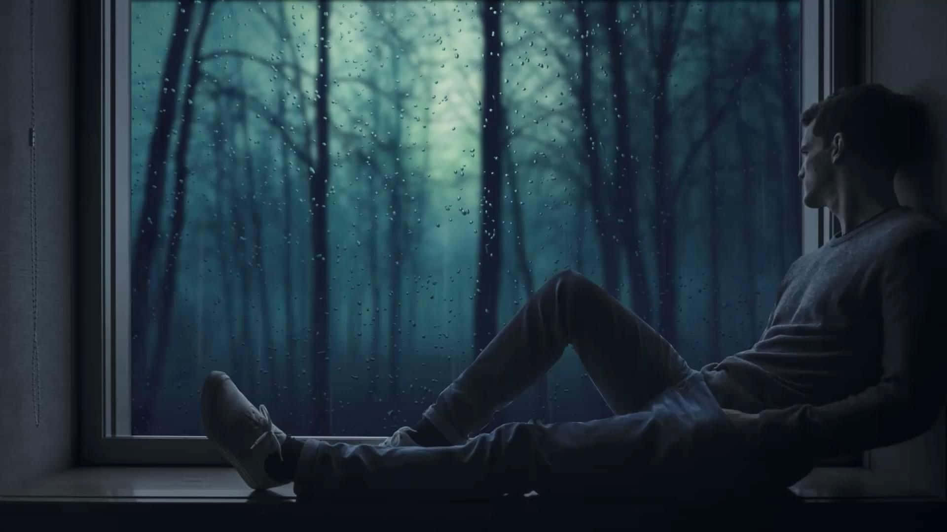 Sad Face 桌布 壁紙 — 一個男人獨自坐在窗台上，凝視著被涼爽藍色暮光籠罩的雨林。