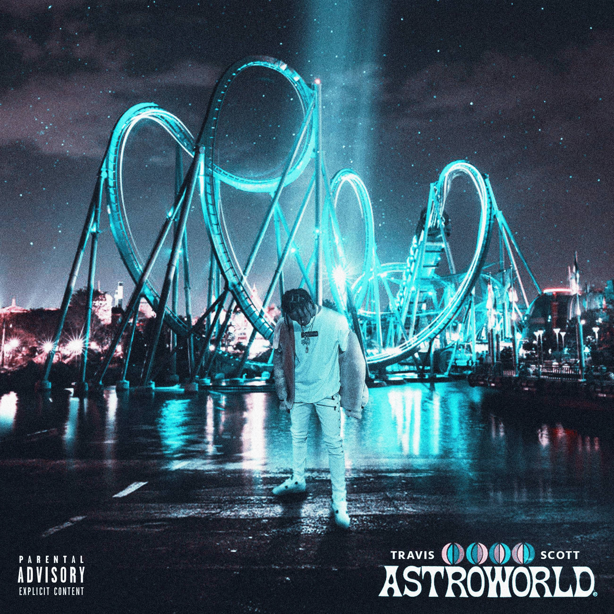 Travis Scott Astroworld 桌布 壁紙 — 一個男人獨自站在濕漉漉的路面上，面前是發光的青綠色雲霄飛車，背景是繁星點點的夜空。