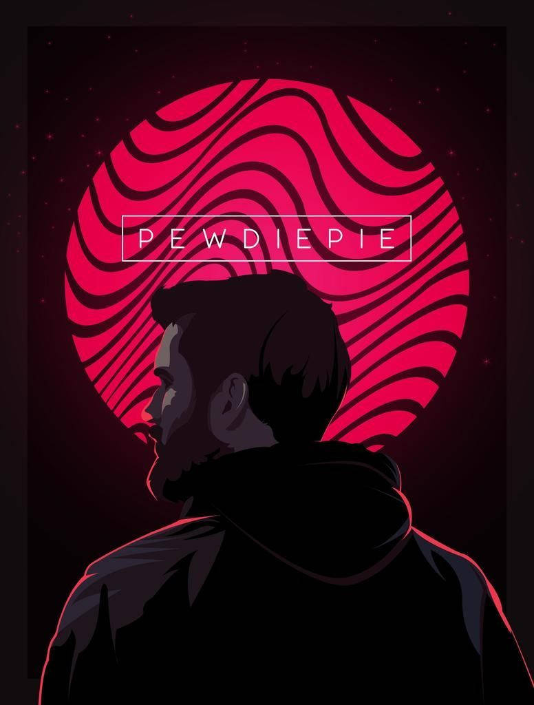 Pewdiepie 桌布 壁紙 — 一個男人的側面剪影，背景是鮮紅色旋轉圓形，上面有白色文字寫著Pewdiepie。