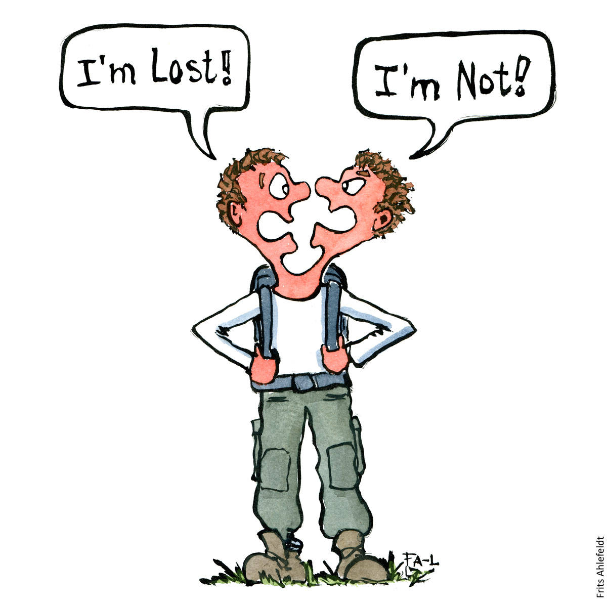 Cartoon 桌布 壁紙 — 一個男人的兩個卡通半邊，有著拼圖塊的臉，站在草地上爭論是否迷路。