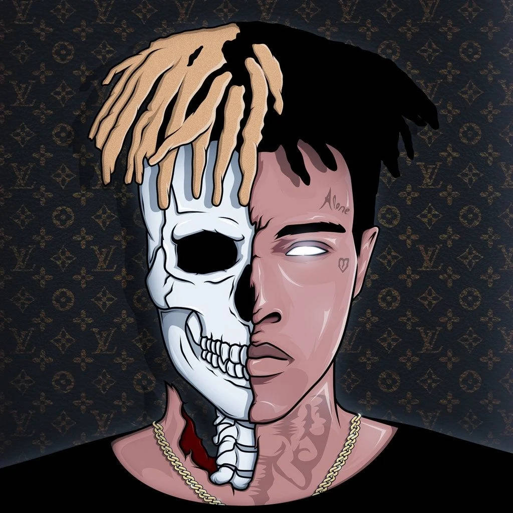 酷酷的xxxtentacion 桌布 壁紙 — 一個男人的分臉肖像，一半骷髏一半肉，背景為奢華字母組合圖案。