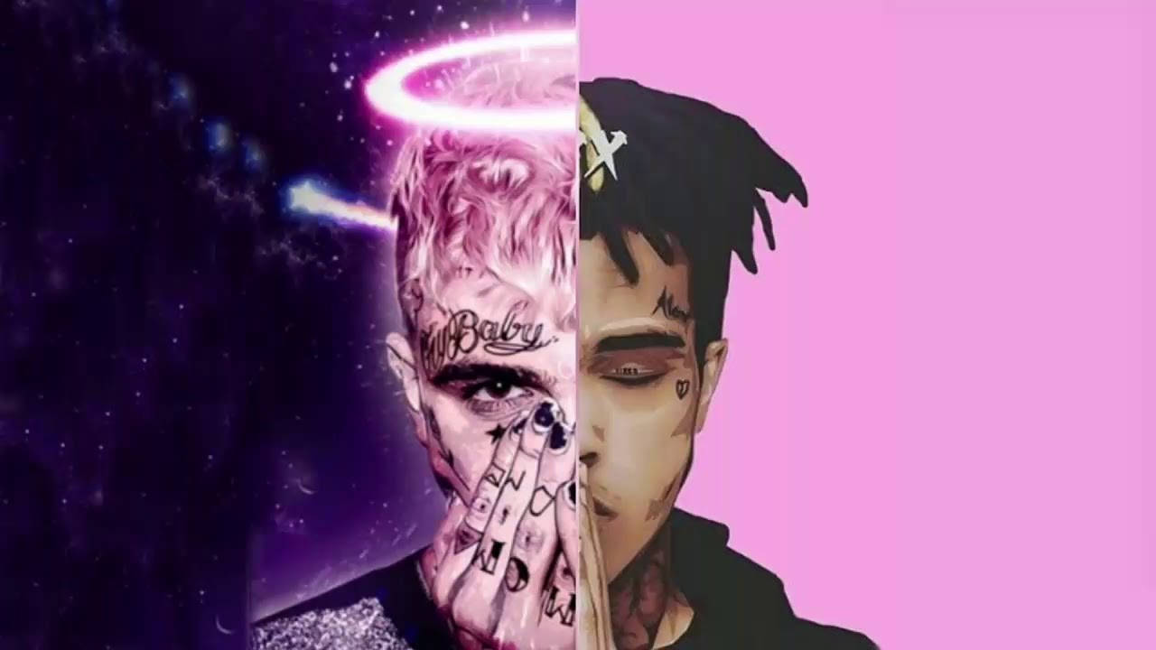 lil peep 動態圖 桌布 壁紙 — 一個男人的分裂肖像，帶有天使光環，背景是宇宙和粉紅色，有刺青和手遮住嘴巴。