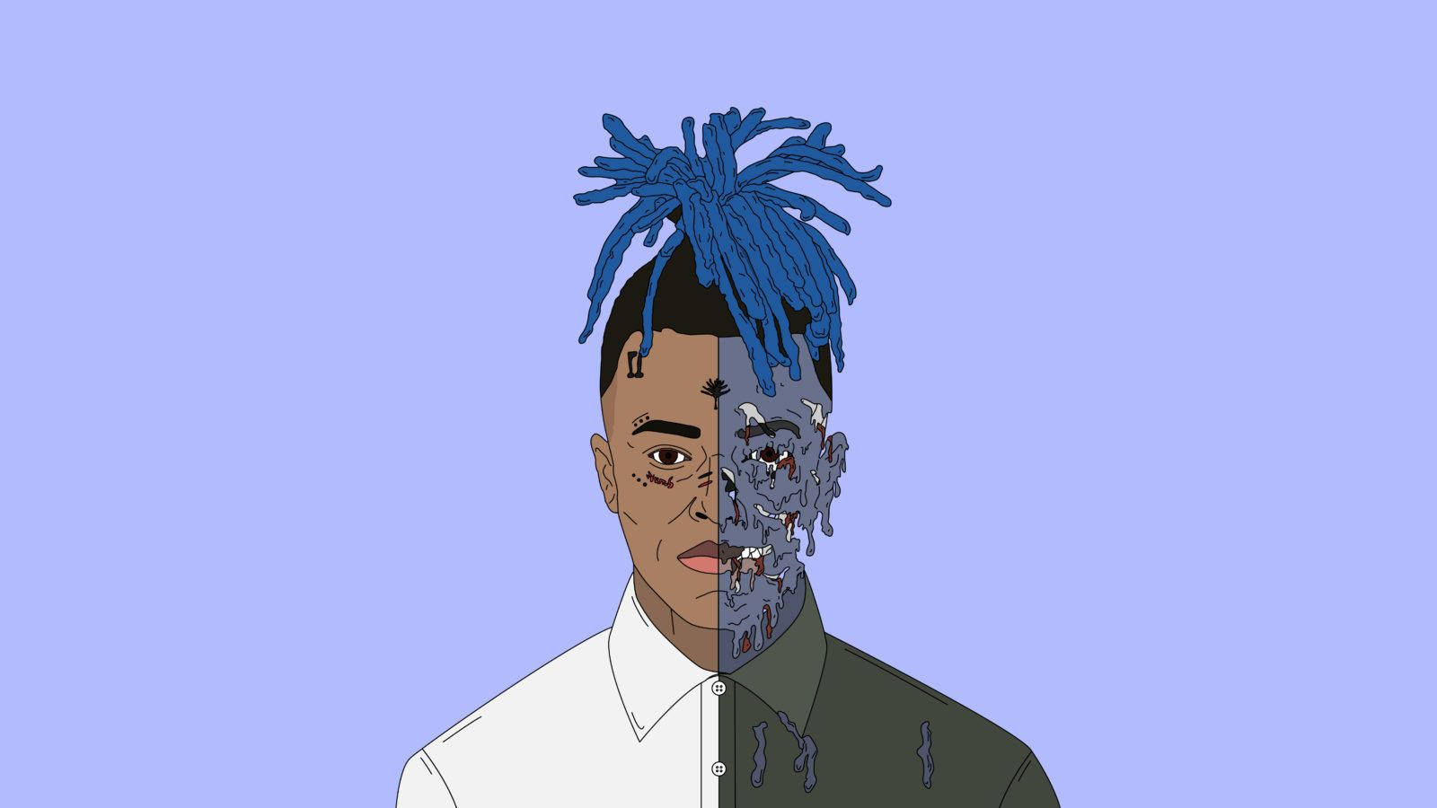 XXXTENTACION 桌布 壁紙 — 一個男人的分裂面孔插圖，藍色辮子，一半正常一半殭屍，背景為純薰衣草色。