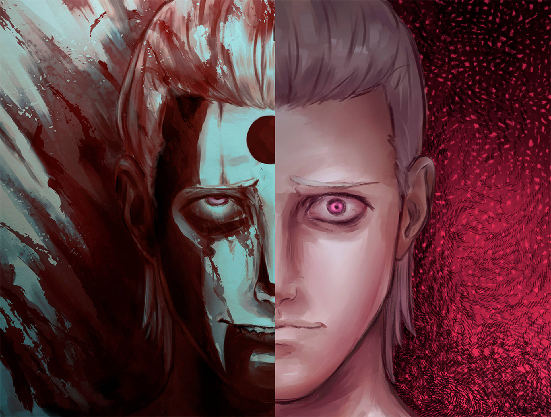 hidan akatsuki 桌布 壁紙 — 一個男人的分裂面孔數位肖像，一半是冷藍色調，另一半是暖紅色調，兩邊的眼睛都發出強烈的光芒。