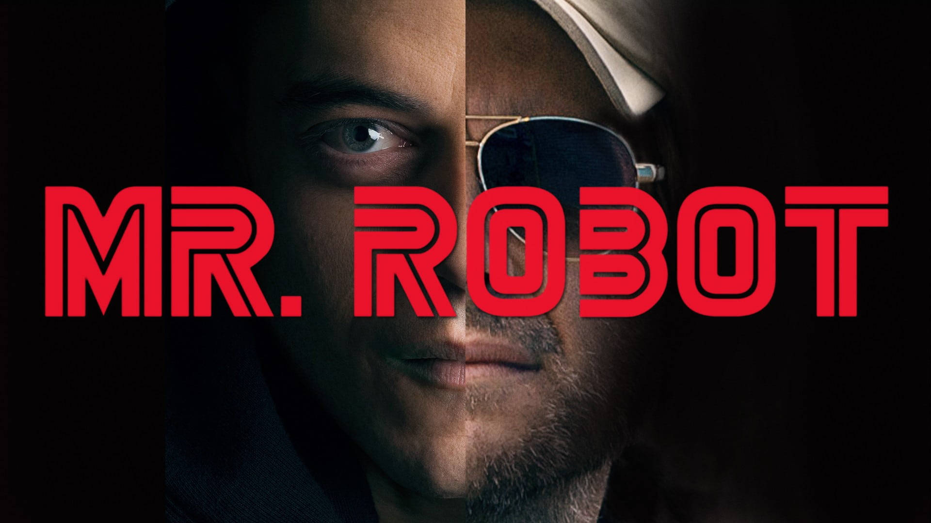 Mr Robot 桌布 壁紙 — 一個男人的分裂面孔肖像，一隻眼睛可見，另一隻隱藏在太陽眼鏡後面，在深色背景上疊加粗體紅色「MR. ROBOT」文字。