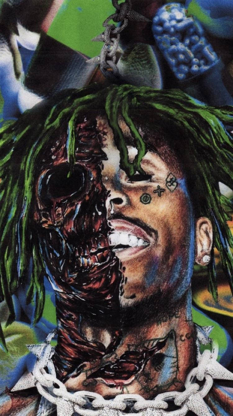 Uzi 桌布 壁紙 — 一個男人的分裂面孔肖像，有綠色辮子，一半骷髏一半人類，戴著鎖鏈，背景是塗鴉風格。