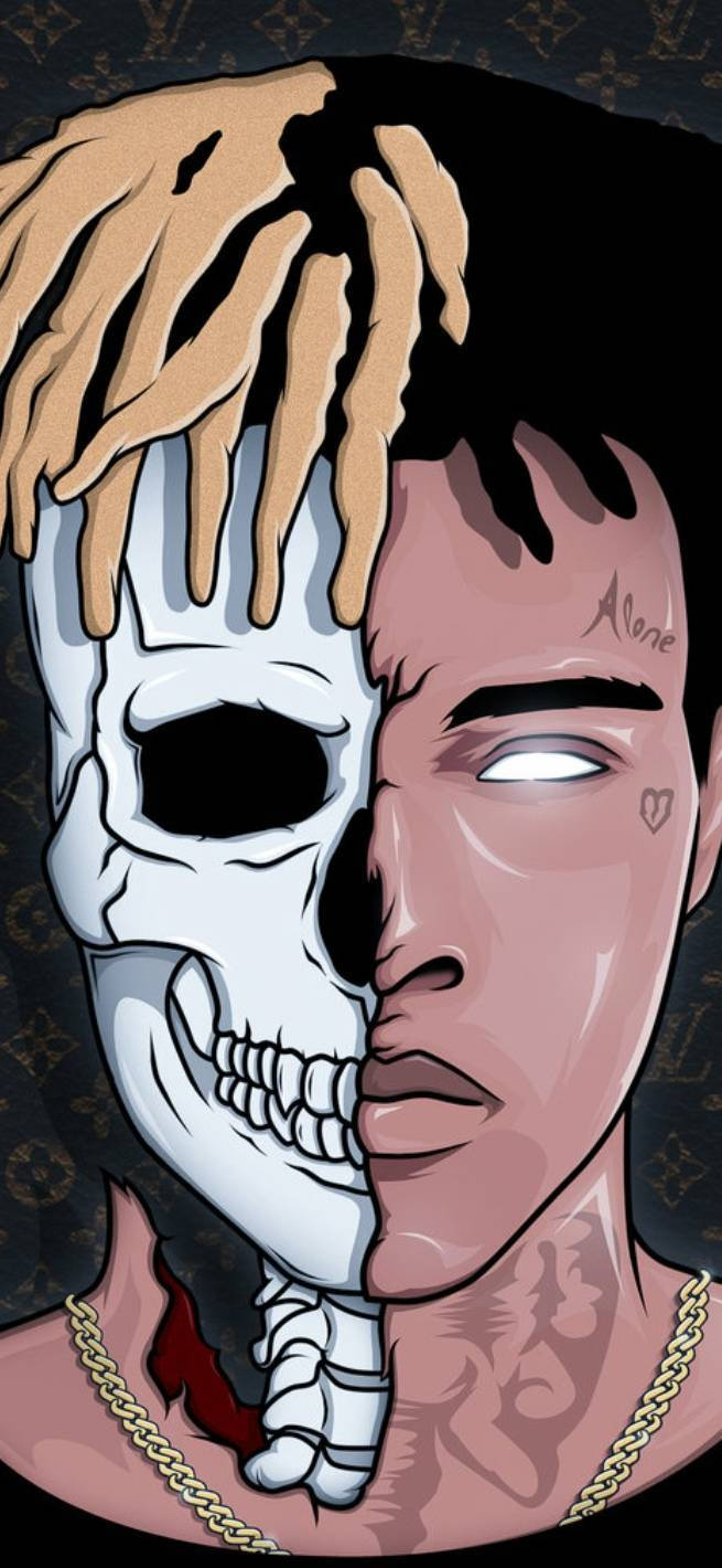 XXXTENTACION 桌布 壁紙 — 一個男人的分裂面孔肖像，有辮子，半骷髏半人，背景有圖案。