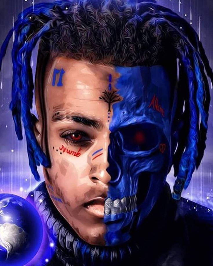 酷酷的xxxtentacion 桌布 壁紙 — 一個男人的分裂面孔肖像，藍色辮子，半人半骷髏，背景是宇宙和發光行星。