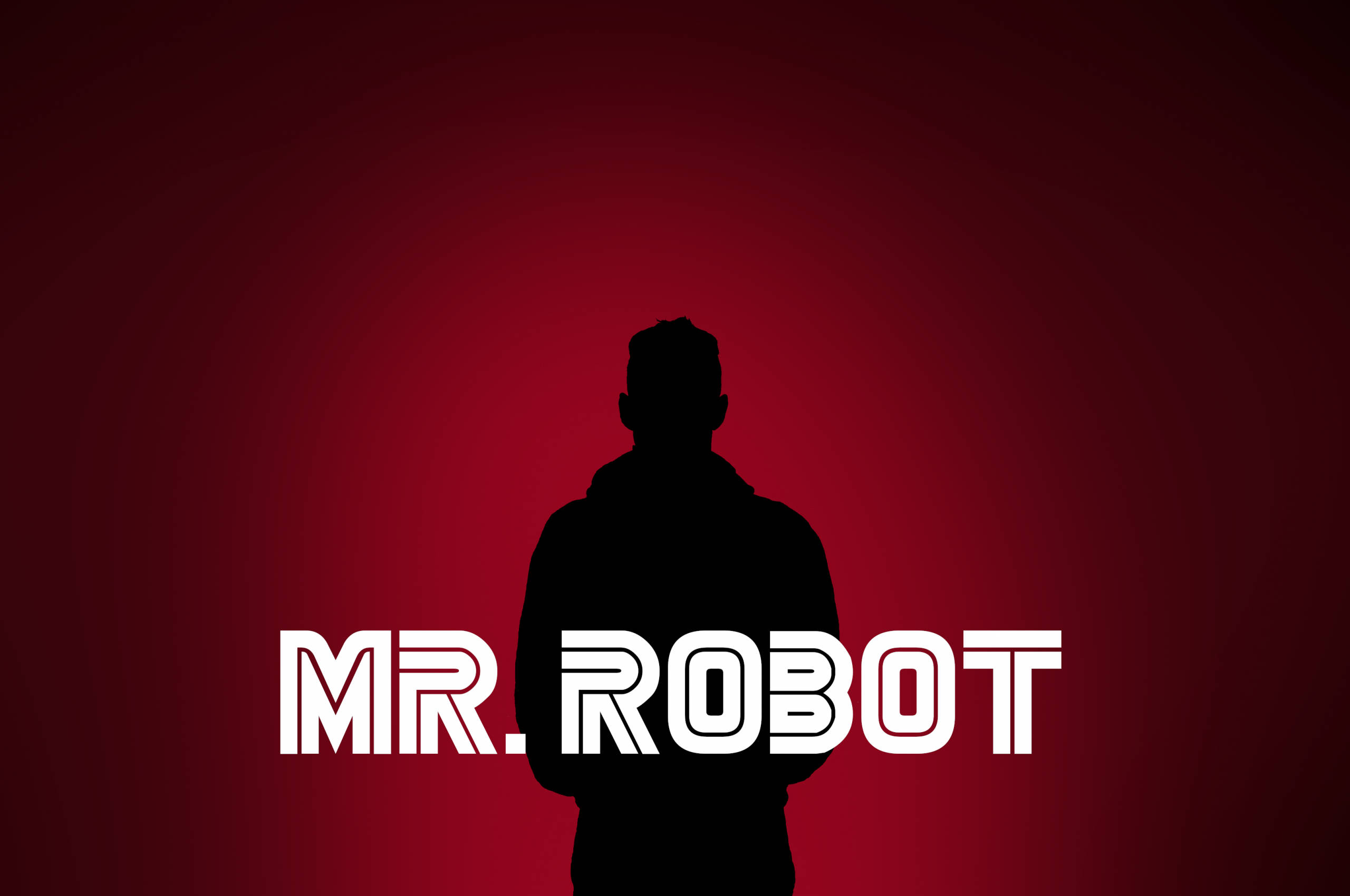 Mr Robot 桌布 壁紙 — 一個男人的剪影站在漸變紅色背景上，帶有粗體白色「MR. ROBOT」文字。