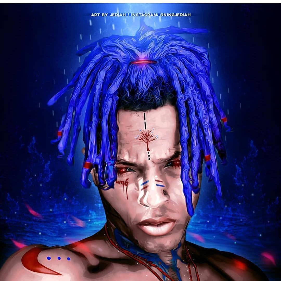 Xxxtentacion Cartoon 桌布 壁紙 — 一個男人的數位肖像，他有電藍色辮子和紅色部落標記，在宇宙藍天下雨。
