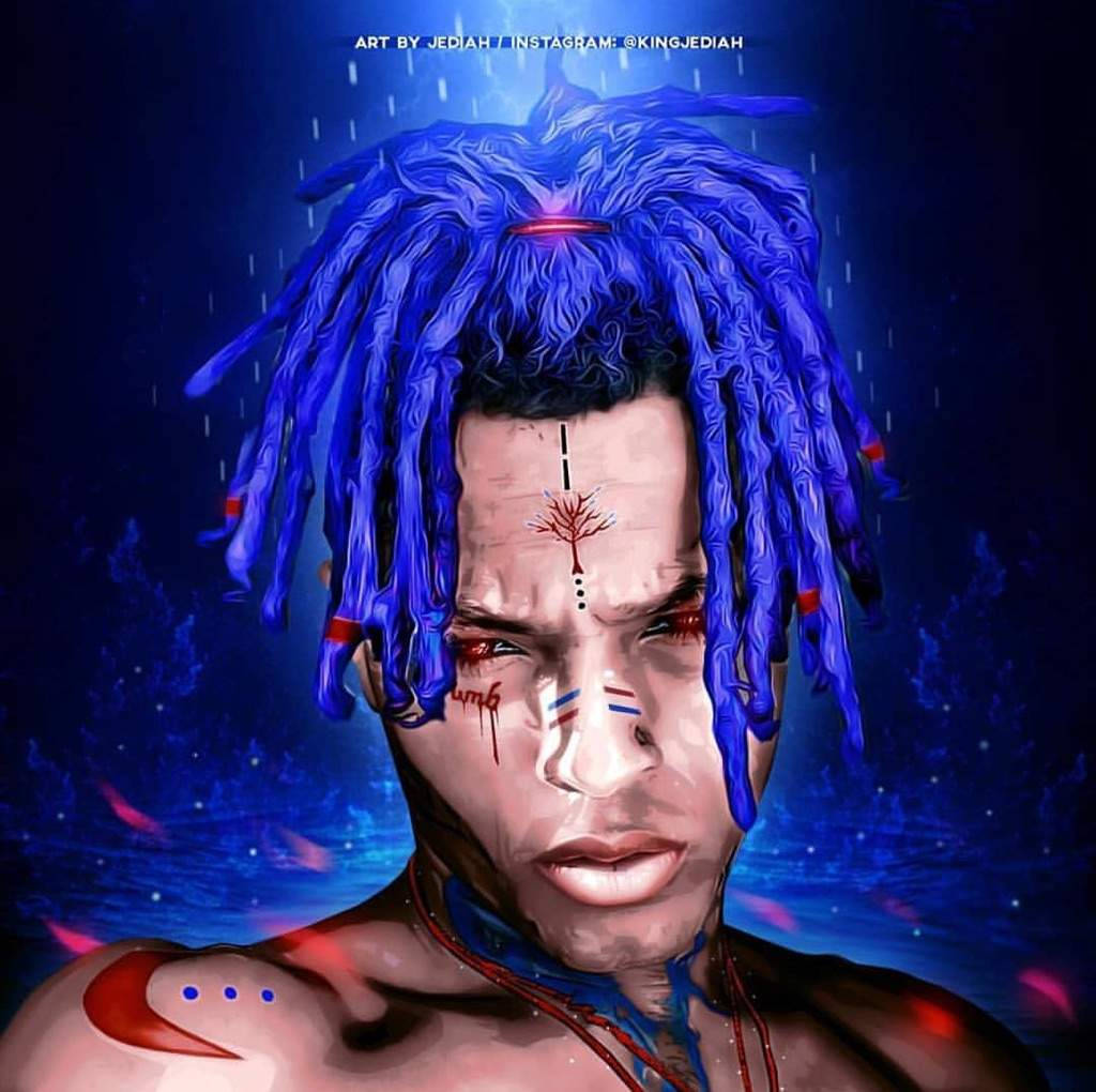 酷酷的xxxtentacion 桌布 壁紙 — 一個男人的數位肖像，擁有鮮豔的藍色辮子頭和紅色標記，在繁星點點的藍天下伴隨著雨滴。