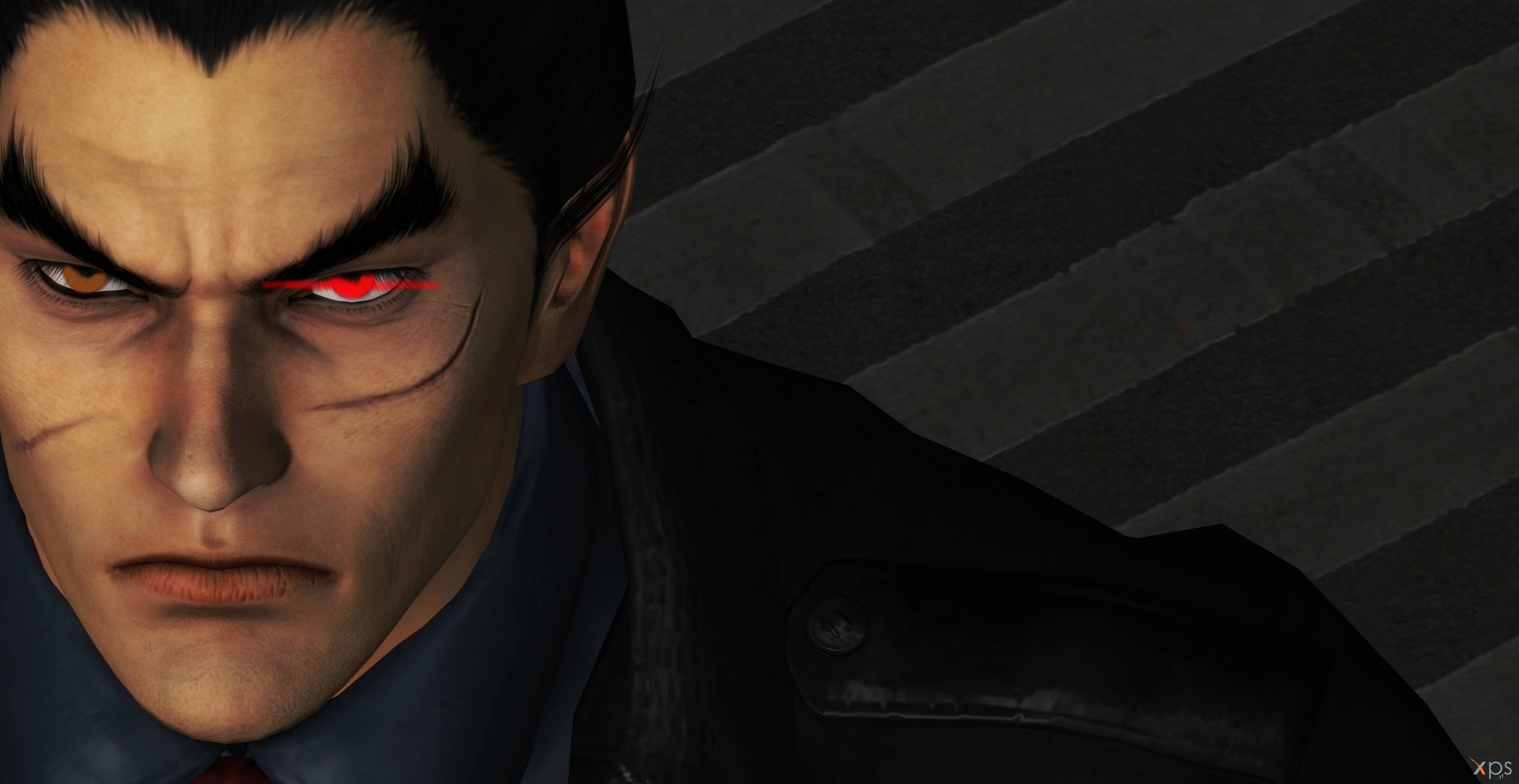 kazuya mishima 桌布 壁紙 — 一個男人的特寫，有一隻發光的紅色眼睛和一道疤痕，穿著黑色外套，背景是深色條紋。