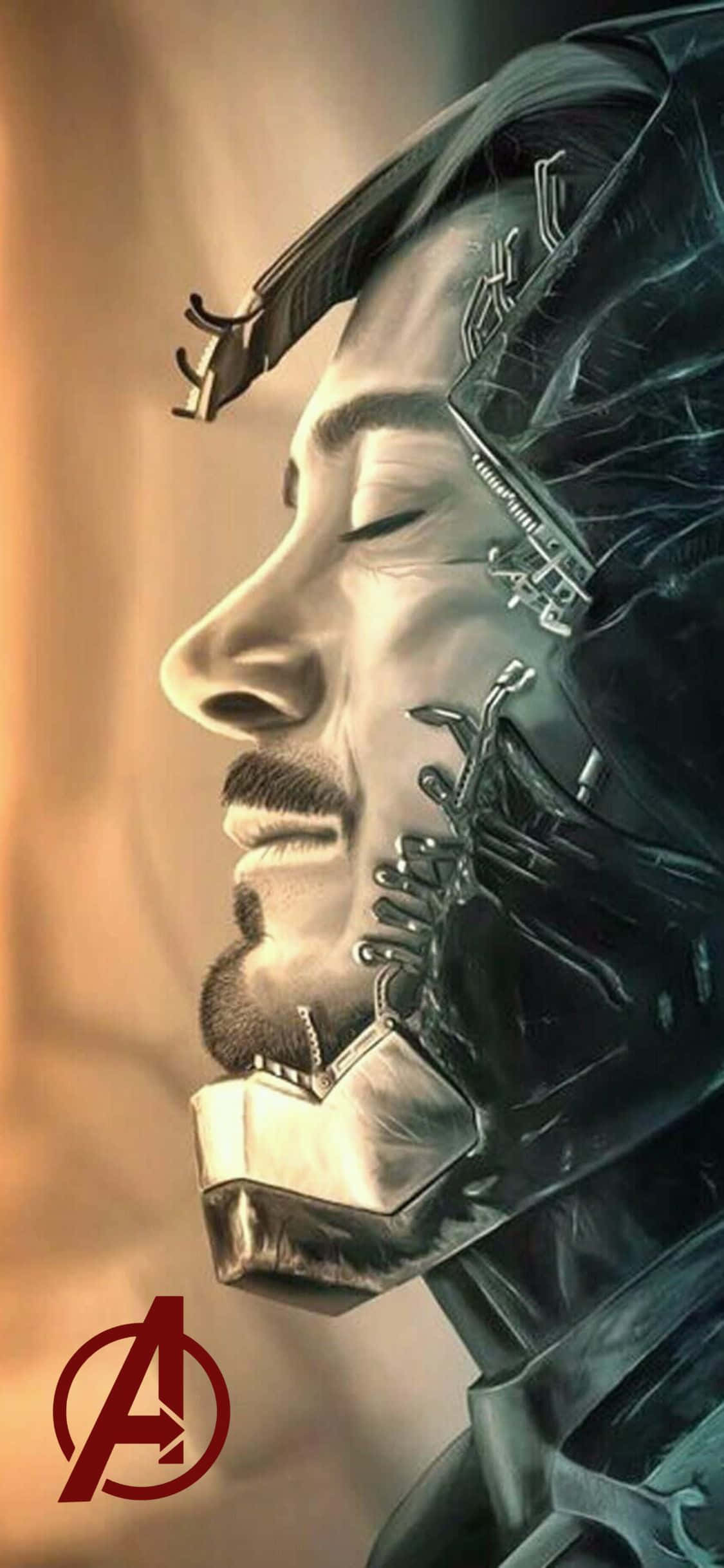 鋼鐵人 桌布 壁紙 — 一個男人的特寫側面，帶有賽博格增強和閉合的眼睛，背景是溫暖模糊的。