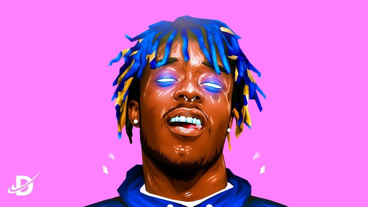Uzi 桌布 壁紙 — 一個男人的生動數位肖像，他有藍色和黃色的辮子、發光的眼睛，以及在亮粉紅色背景前的愉快表情。