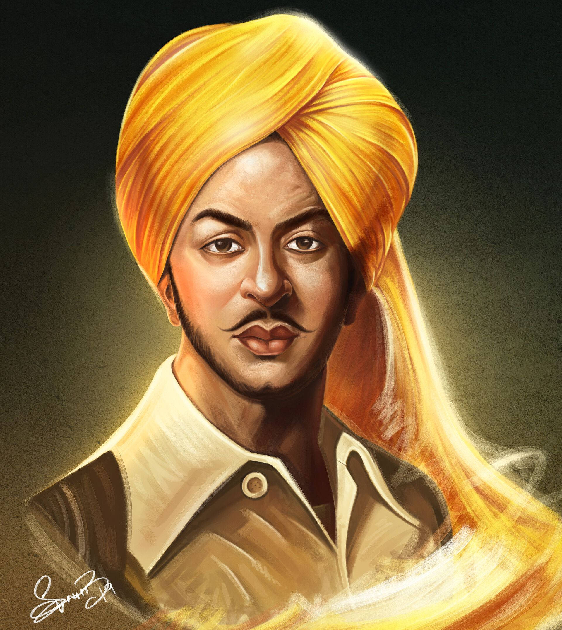 Shaheed Bhagat Singh 桌布 壁紙 — 一個男人的肖像，戴著金色頭巾和鬍子，穿著米色襯衫，背景深色。