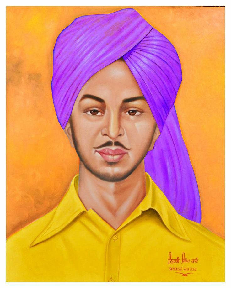 Shaheed Bhagat Singh 桌布 壁紙 — 一個男人的肖像，戴著鮮豔的紫色頭巾和黃色襯衫，背景是溫暖的橙色。