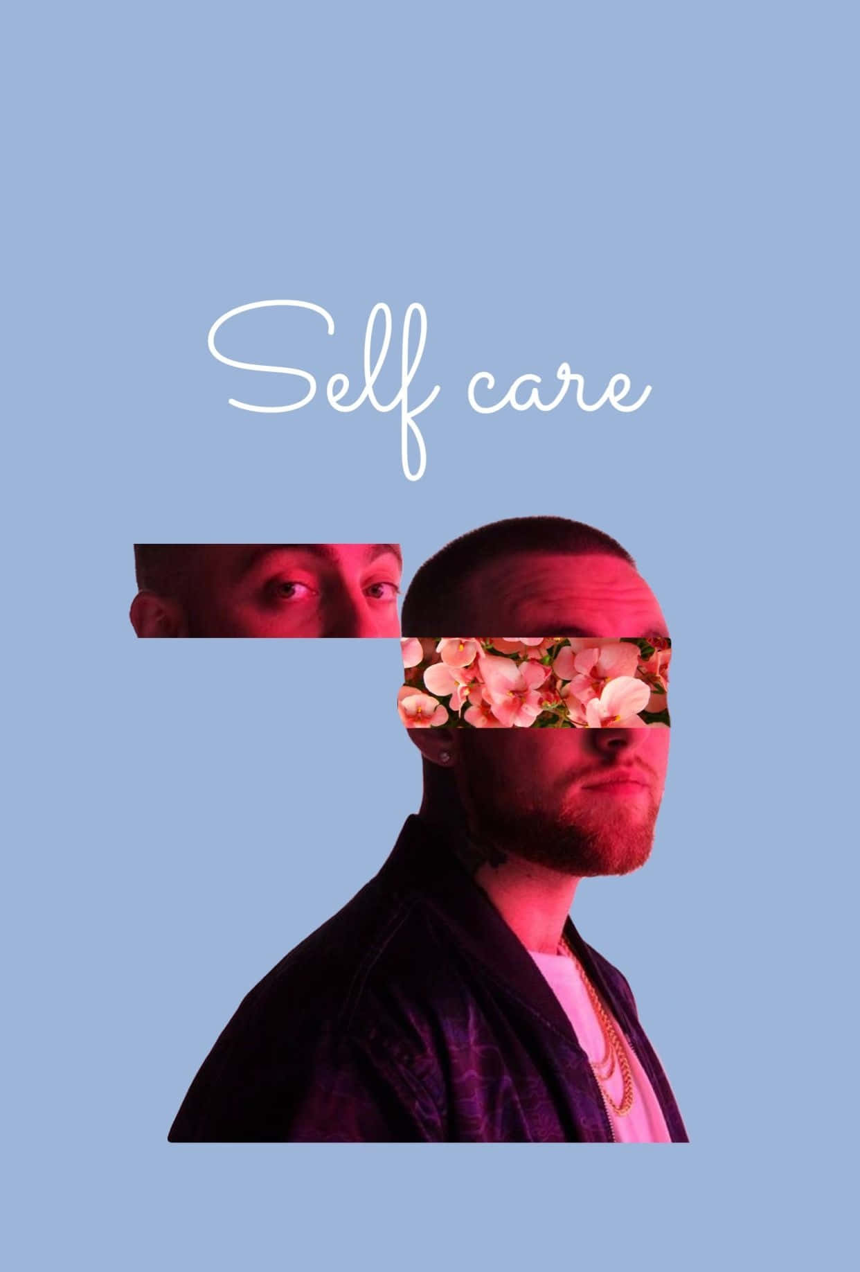 Self Care 桌布 壁紙 — 一個男人的臉，帶有花卉圖案遮蓋眼睛，背景為柔和藍色，並有「Self care」文字。