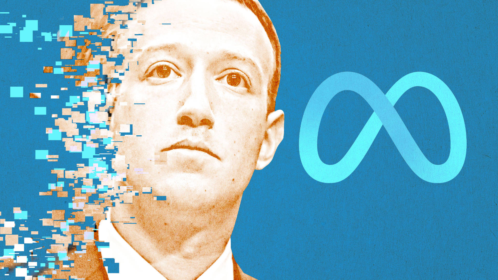 Zuckerberg 桌布 壁紙 — 一個男人的臉在藍色背景上的無限符號旁邊分解成數位像素。