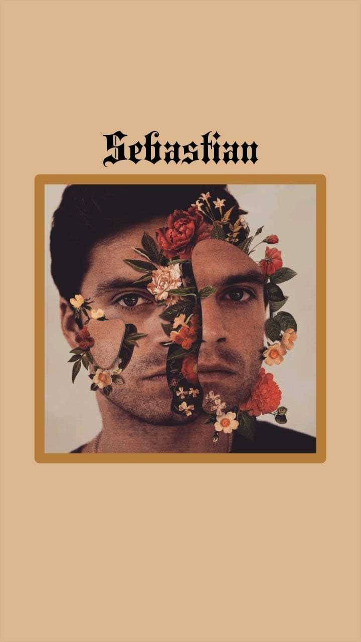 Sebastian 桌布 壁紙 — 一個男人的臉從中間分開，一側覆蓋著鮮豔的紅白花朵，背景為米色。