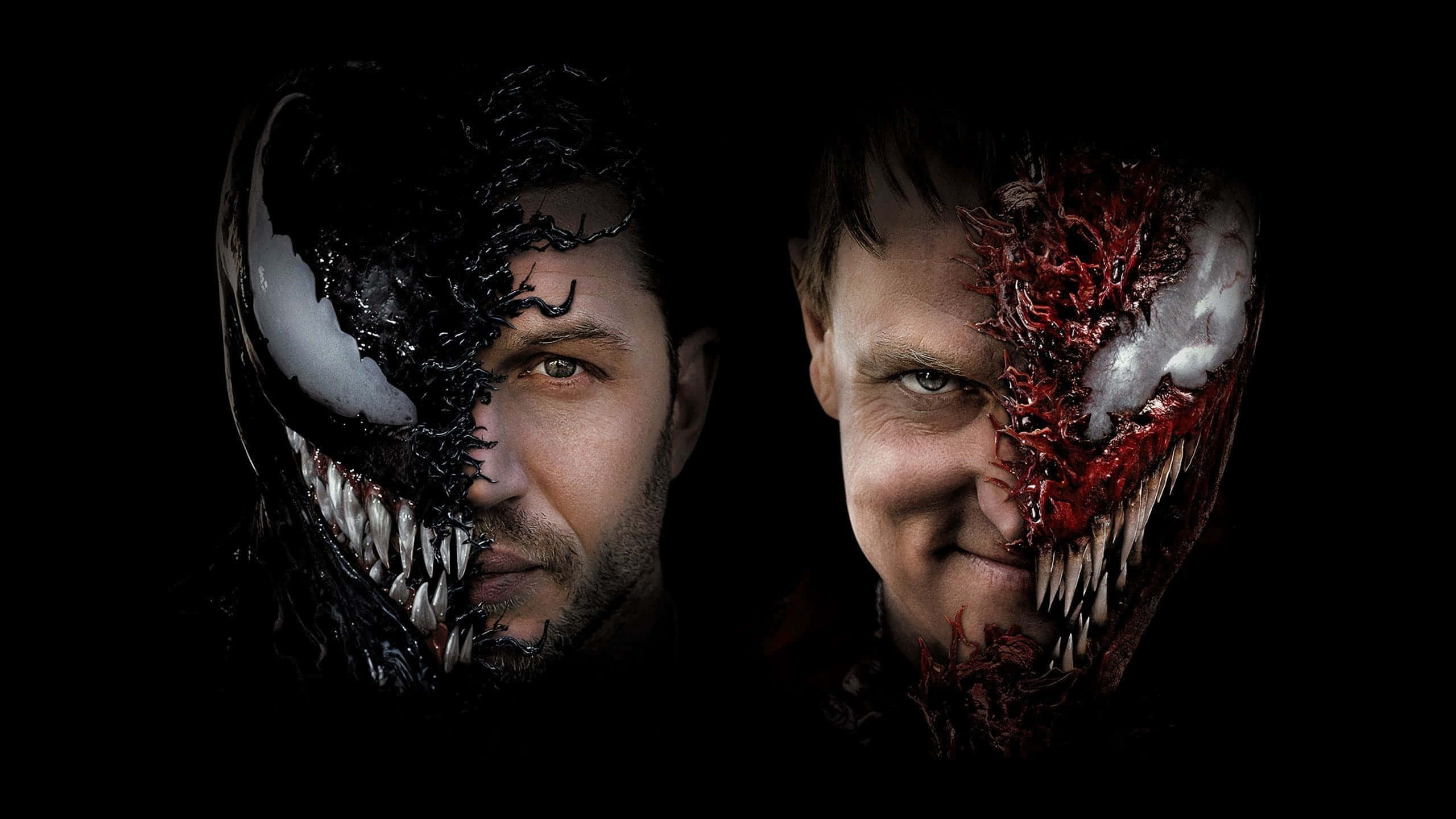 Tom Hardy Venom 桌布 壁紙 — 一個男人的臉從中間分開，一半是黑色共生體，另一半是紅色共生體，背景為黑色。