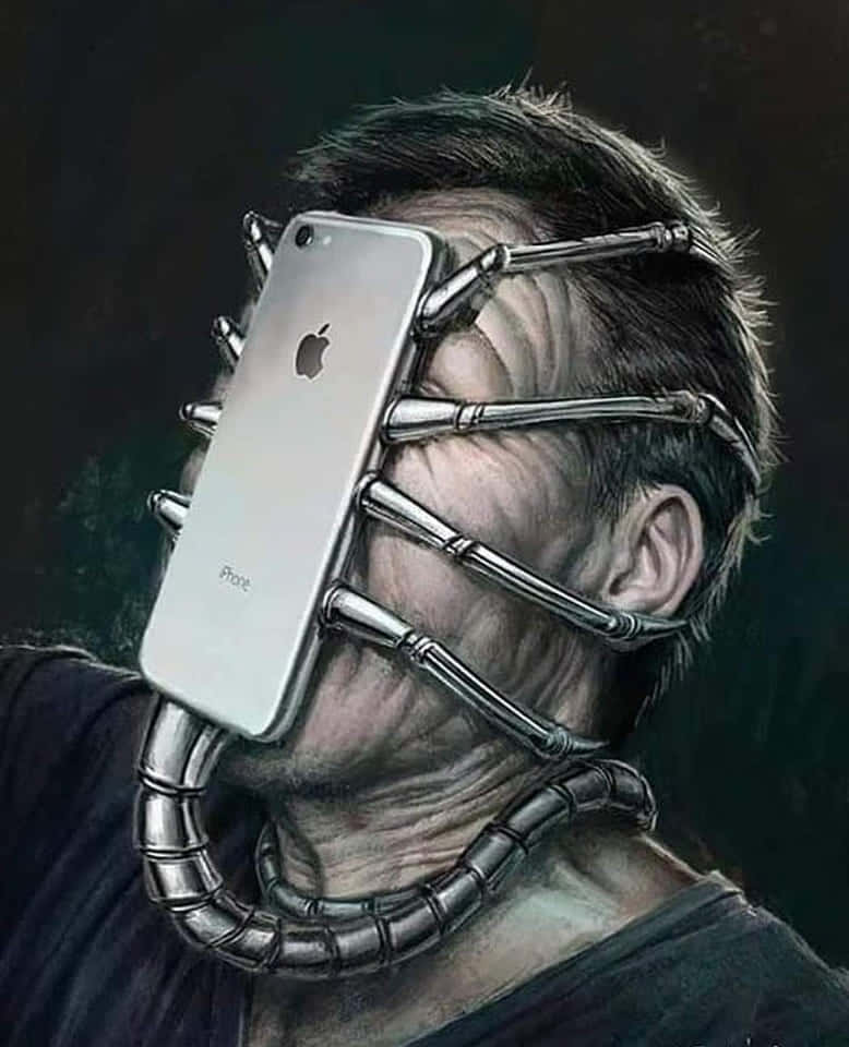 手機 桌布 壁紙 — 一個男人的臉與銀色iPhone融合，金屬觸鬚纏繞他的頭部和頸部，形成超現實的數位藝術肖像。
