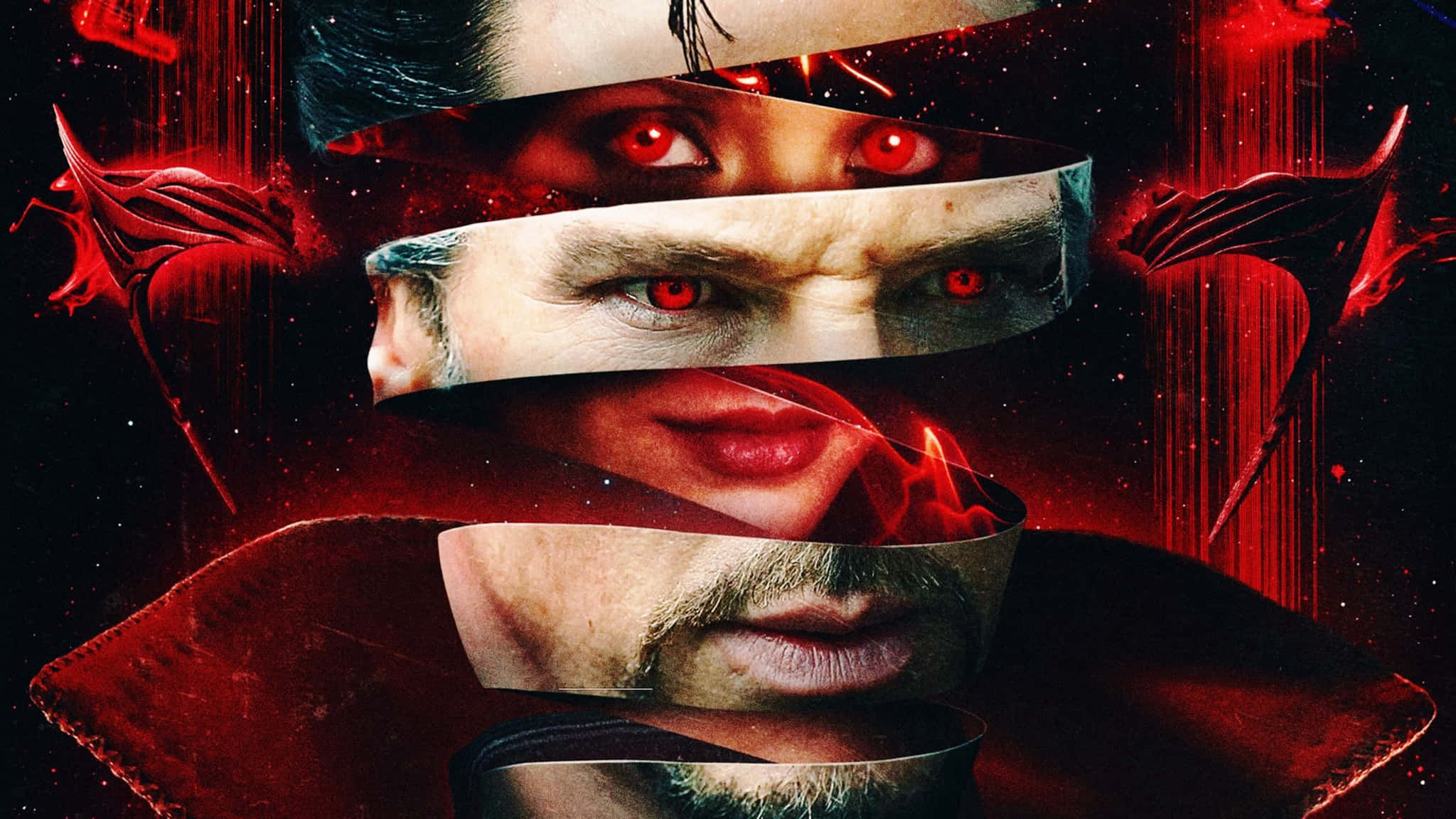 Doctor Strange Multiverse Of Madness 桌布 壁紙 — 一個男人的臉被切成水平條紋，帶有發光的紅色眼睛和惡魔翅膀，背景是宇宙紅色。