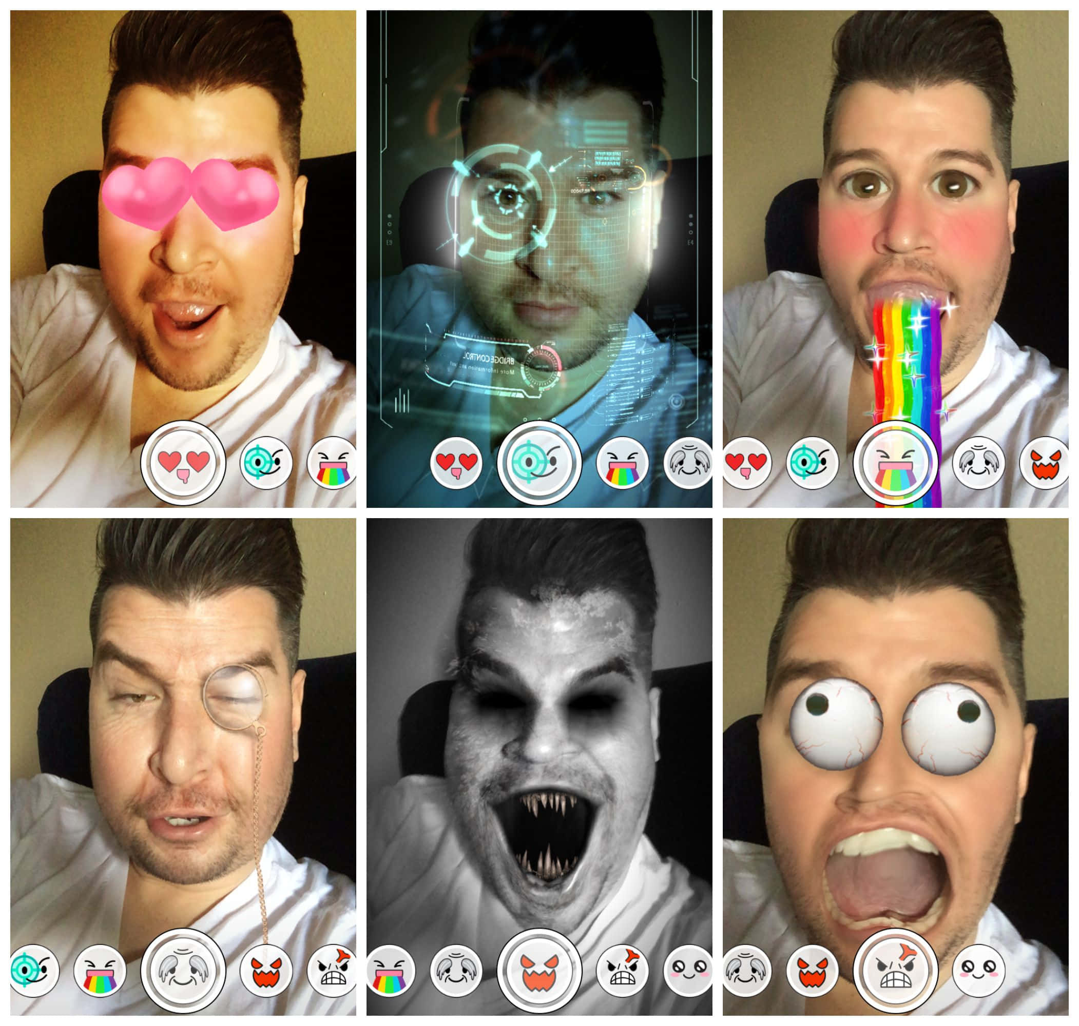 Snapchat 桌布 壁紙 — 一個男人的臉部在六張經過濾鏡處理的自拍照中展示，帶有玩味的數位效果，如心形眼睛、彩虹口水及殭屍化妝。
