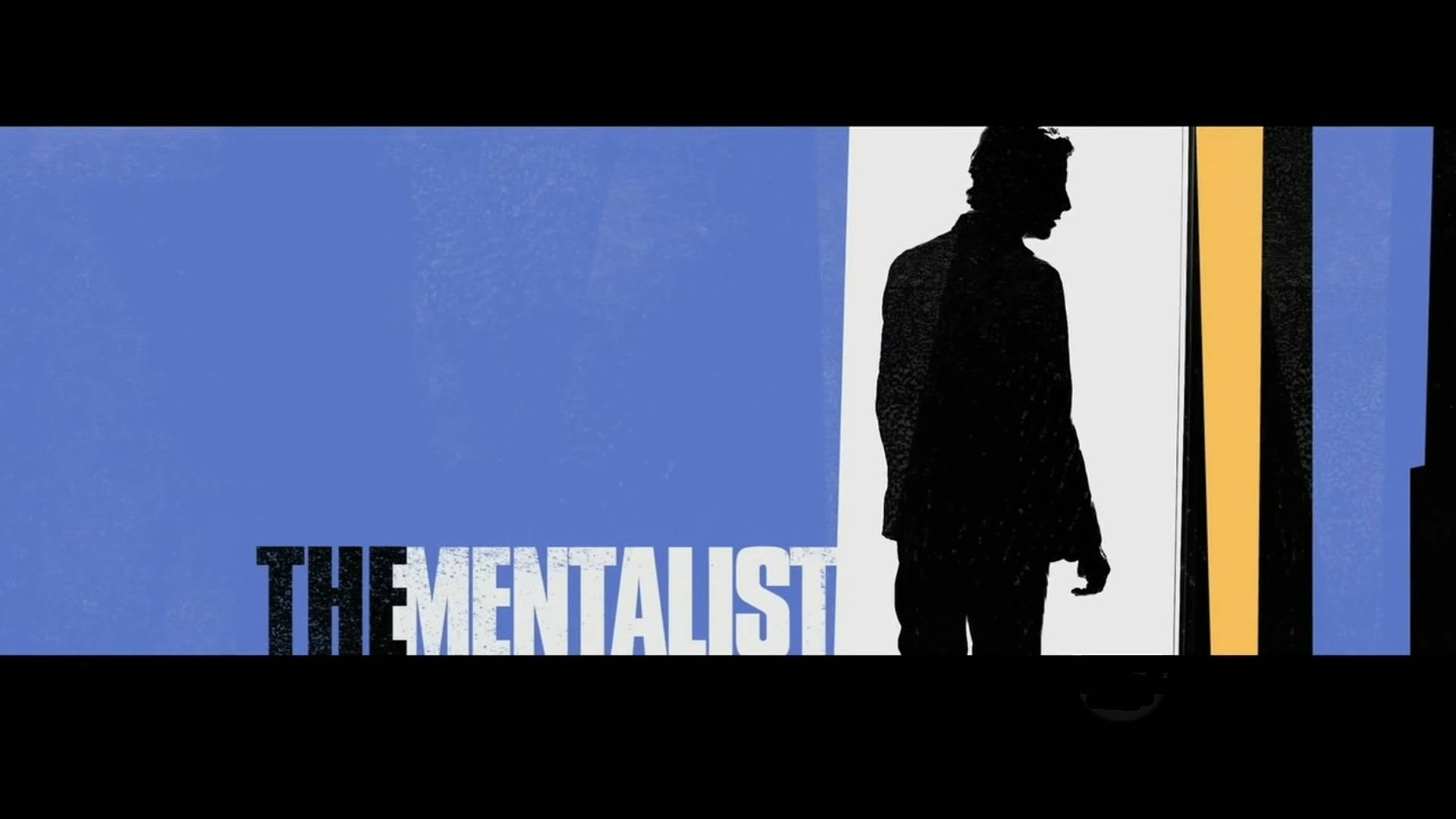 Entertainment 桌布 壁紙 — 一個男人的鮮明剪影站在大膽的藍色、白色和黃色背景前，標題「The Mentalist」以粗糙的字體呈現。