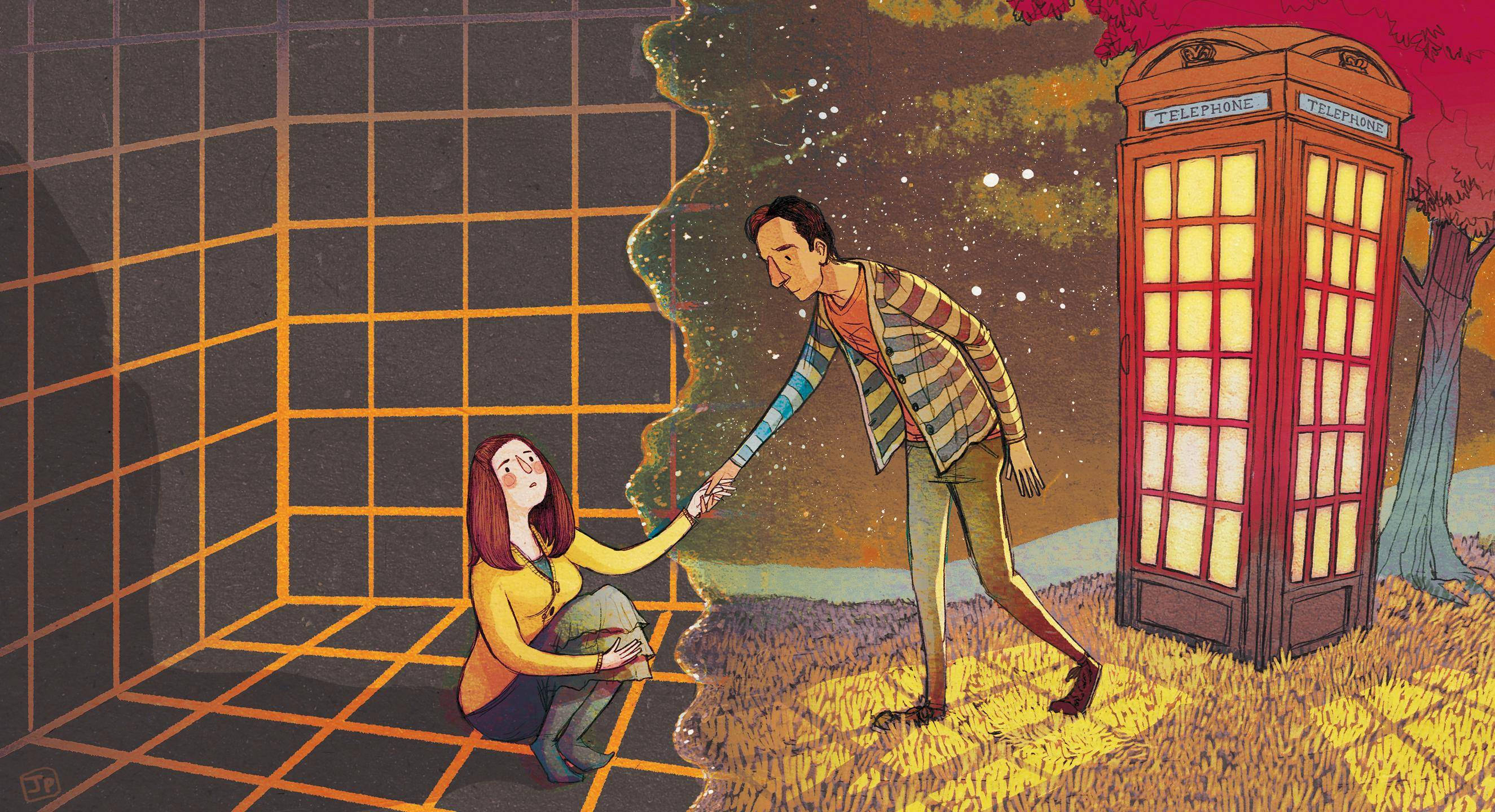 Community 桌布 壁紙 — 一個男人穿過發光的網格伸手幫助被困在裡面的女人，旁邊是一個亮著的紅色電話亭，在星空下。