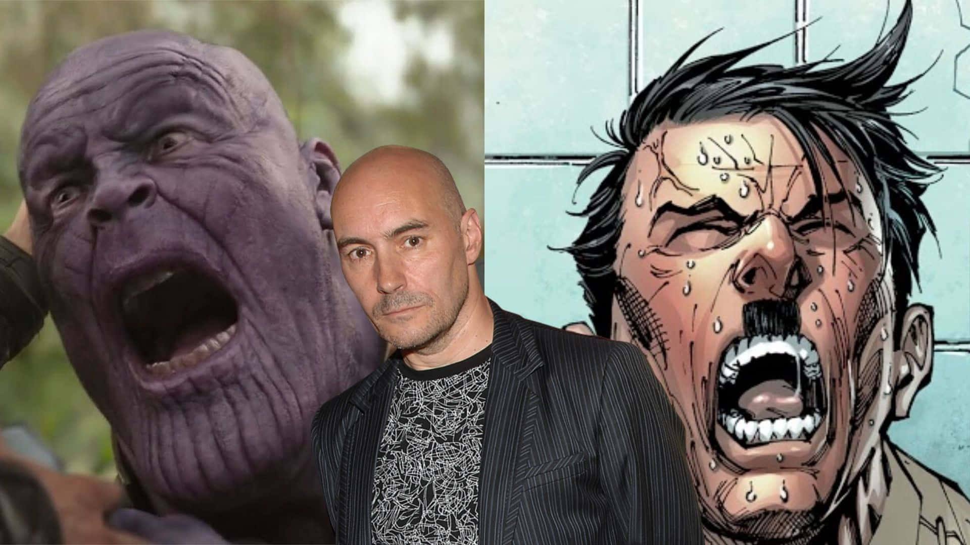 Grant Morrison 桌布 壁紙 — 一個男人站在一個紫色皮膚尖叫的惡棍和一個漫畫角色之間，該角色臉上流汗並有裂紋在大喊。