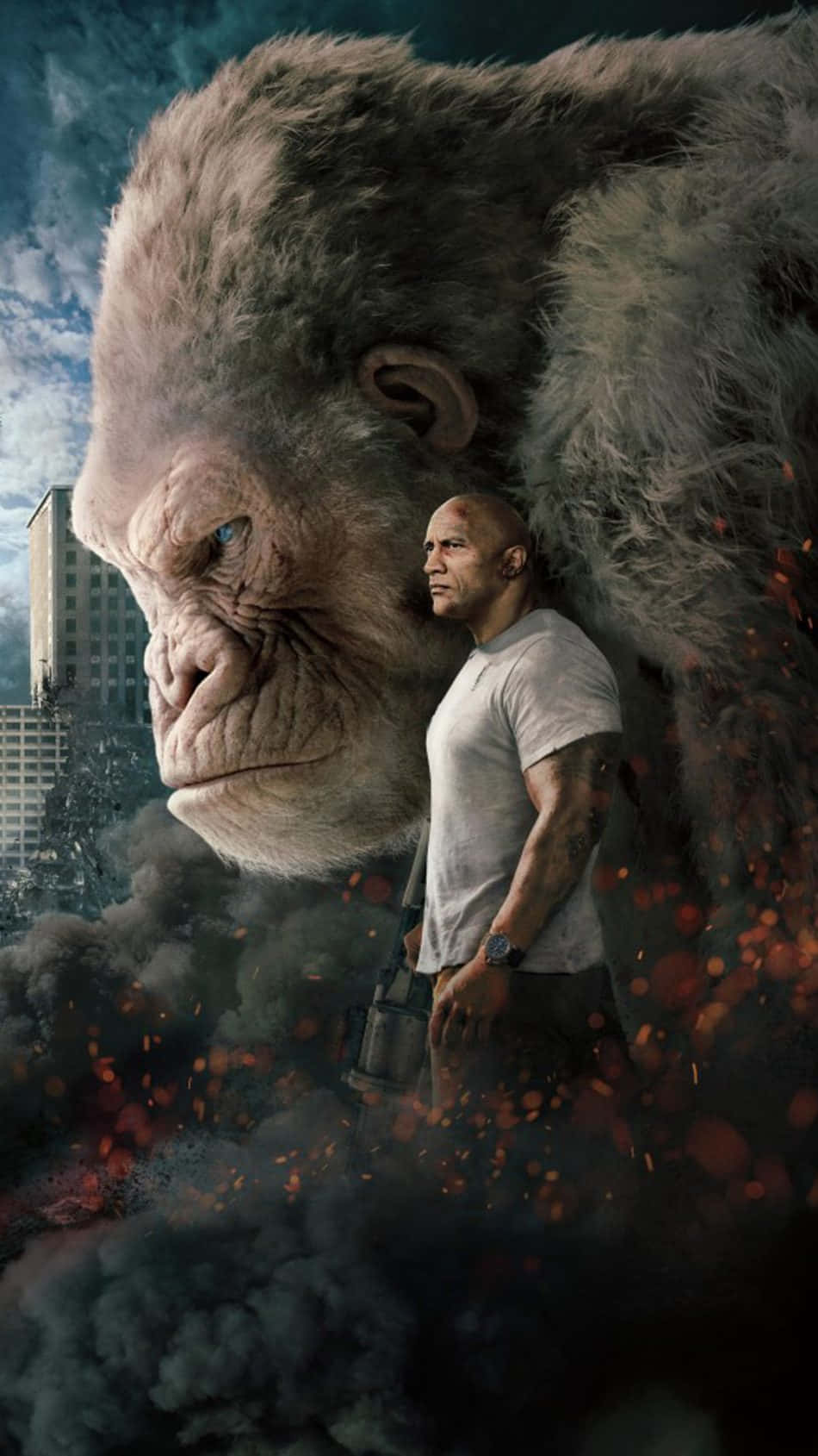 Gorilla 桌布 壁紙 — 一個男人站在一隻巨大的猿旁邊，身處煙霧和火焰之中，在暴風雨天空下的廢墟城市景觀中。