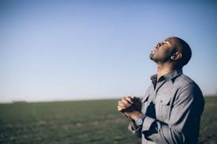 Praying 桌布 壁紙 — 一個男人站在廣闊的綠色田野中，雙手合十，頭部向清澈的藍天傾斜。