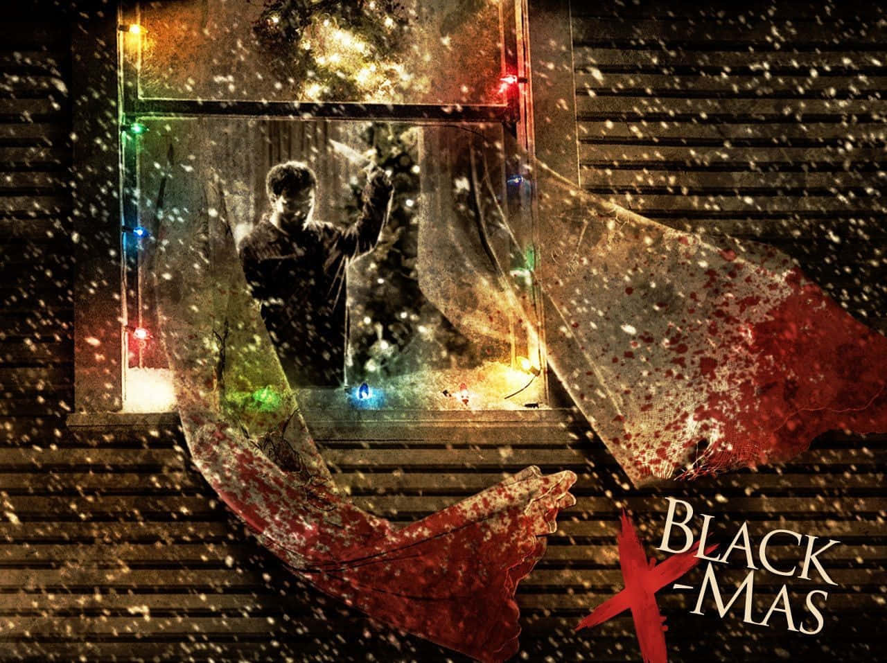 Dark Christmas 桌布 壁紙 — 一個男人站在被五彩燈光環繞的雪窗中，一條血紅色的絲帶垂落在場景上。