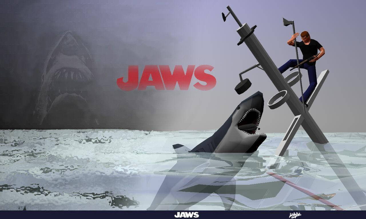 大白鯊 桌布 壁紙 — 一個男人緊抓著一艘破船，而一條巨鯊從標誌性JAWS標誌下方的水中躍出。