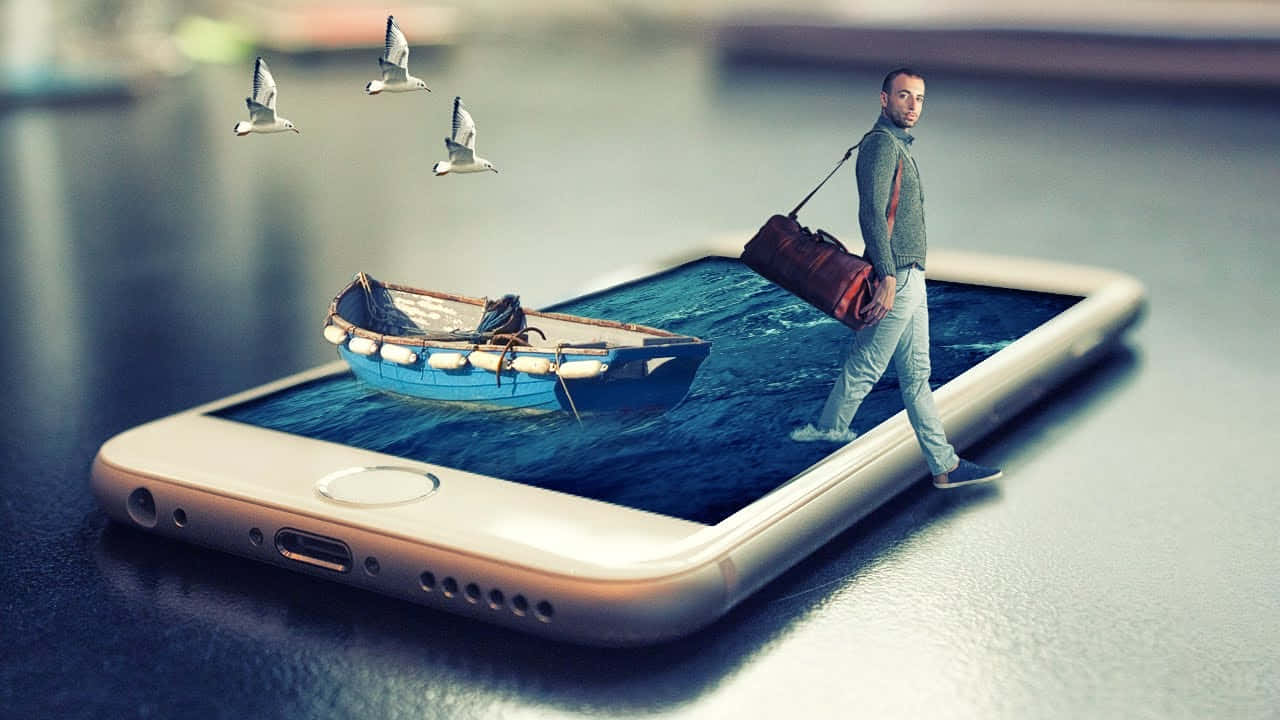 3D 桌布 壁紙 — 一個男人背著行李袋在智慧型手機螢幕上行走，旁邊有一艘藍色小船，海鷗在上方飛翔。