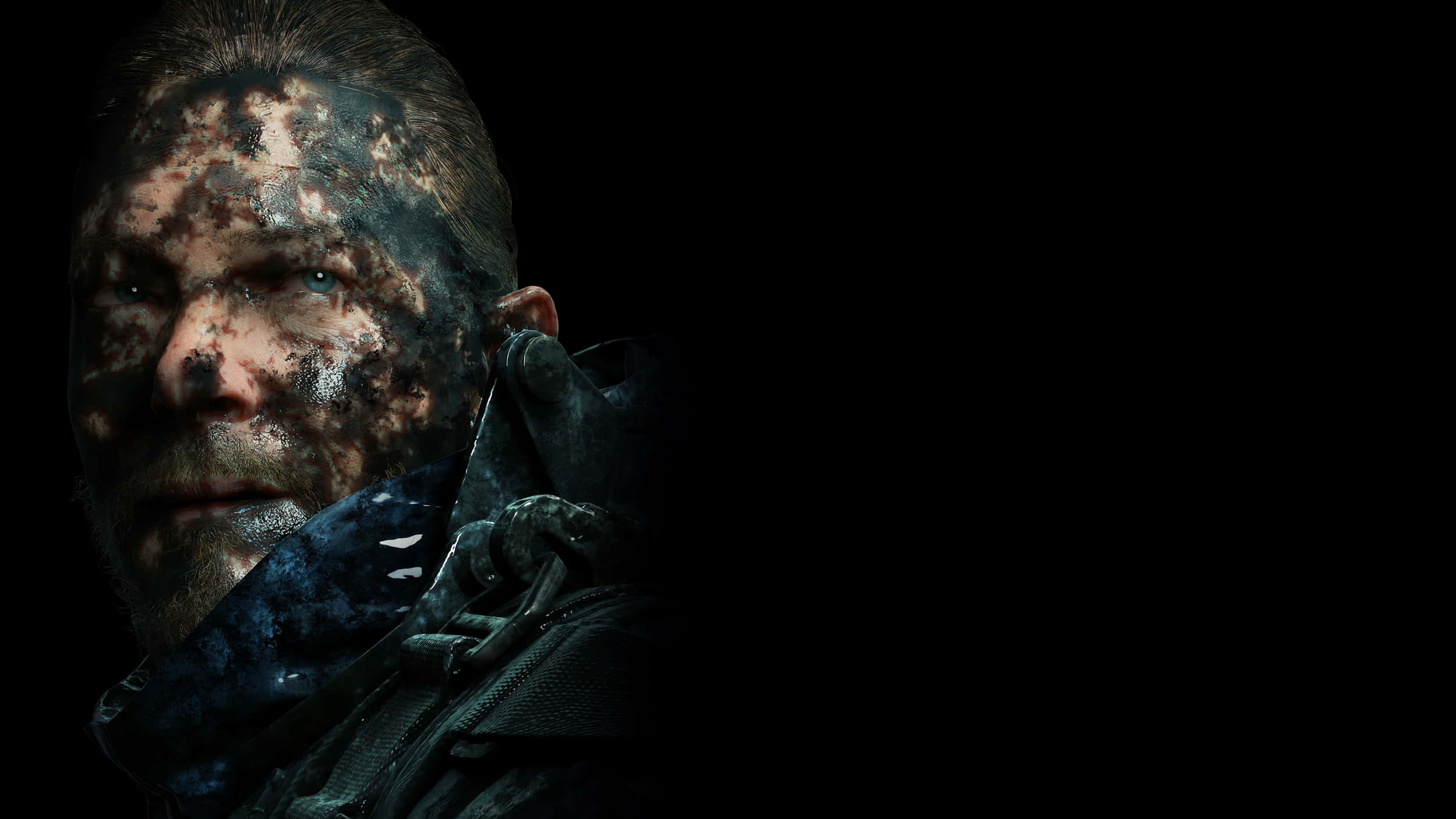 death stranding iPhone 桌布 壁紙 — 一個男人臉上沾滿泥濘和污垢的粗糙特寫，背景是 stark 黑色。