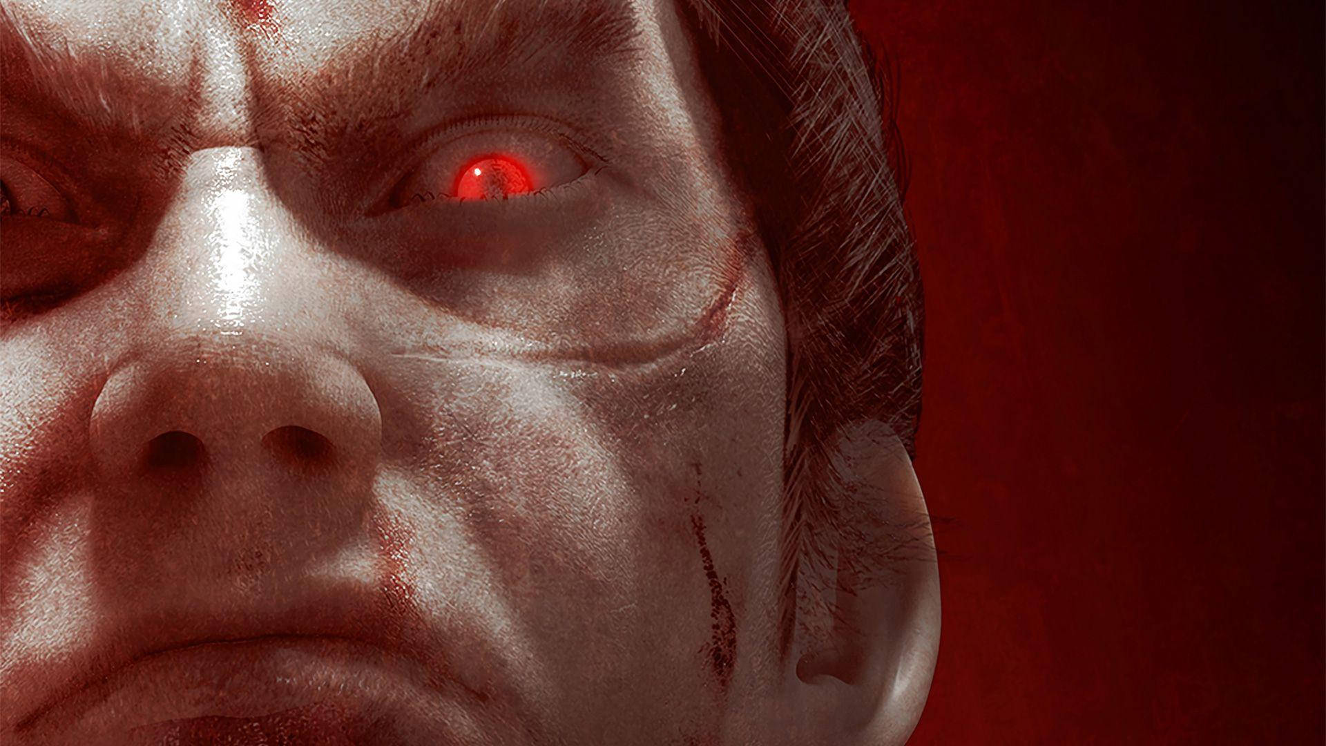 kazuya mishima 桌布 壁紙 — 一個男人臉部的特寫，有一隻發光的紅色眼睛和血痕，背景是深紅色。