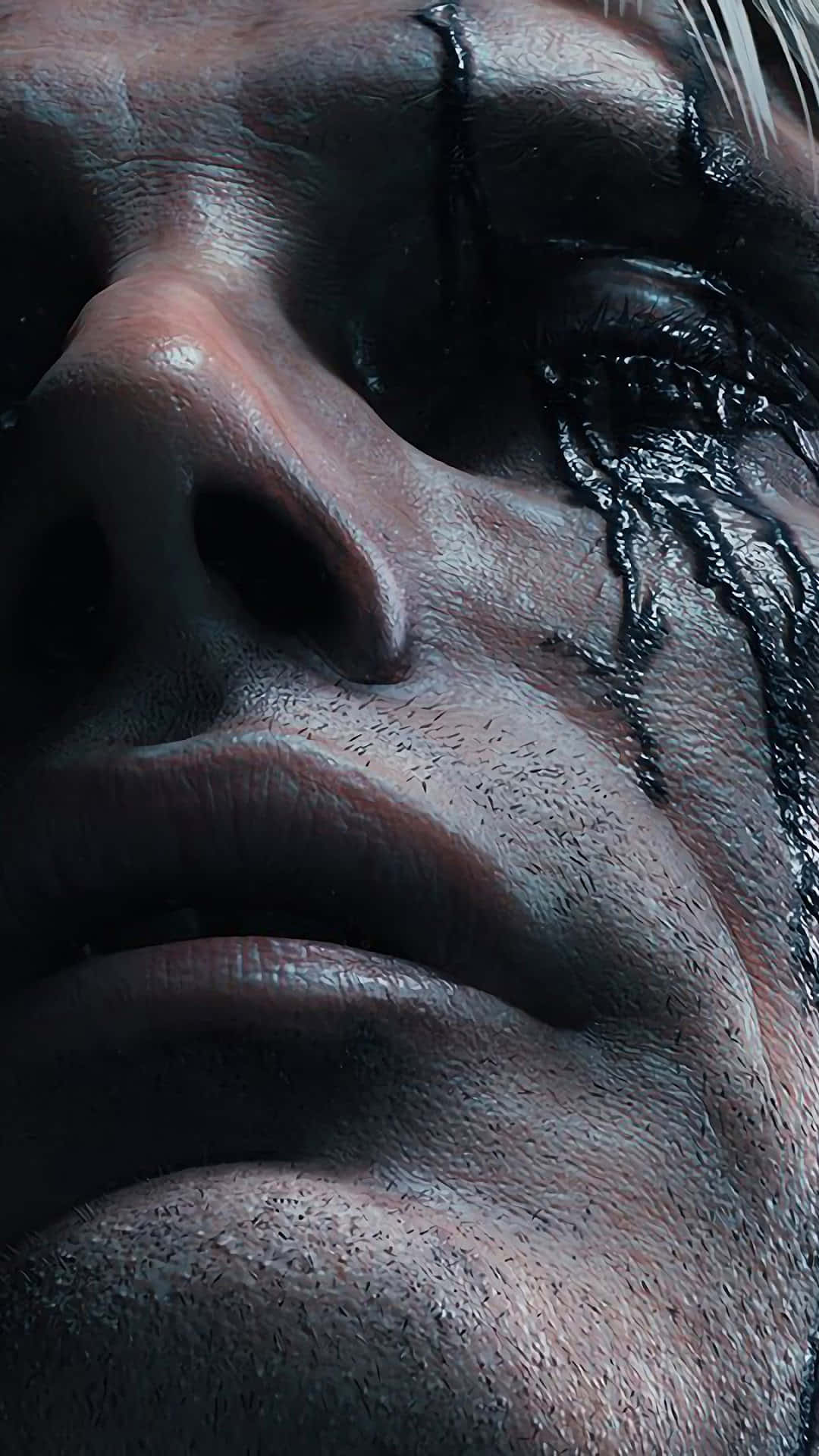 Death Stranding Mobile 桌布 壁紙 — 一個男人臉部的特寫，深色黏稠液體從他的眼睛滴落，呈現粗獷的電影風格。