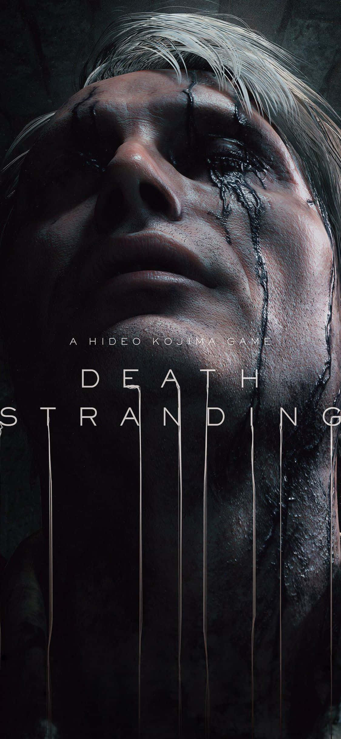iPhone X Death Stranding 桌布 壁紙 — 一個男人臉部的特寫，臉頰上有黑色條紋，背景昏暗且帶有不祥的氣氛。