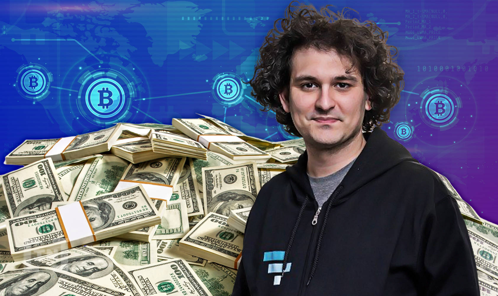 Cryptocurrency 桌布 壁紙 — 一個男人自信地站在一大疊現金旁邊，背景有發光的比特幣符號和數位數據疊加。