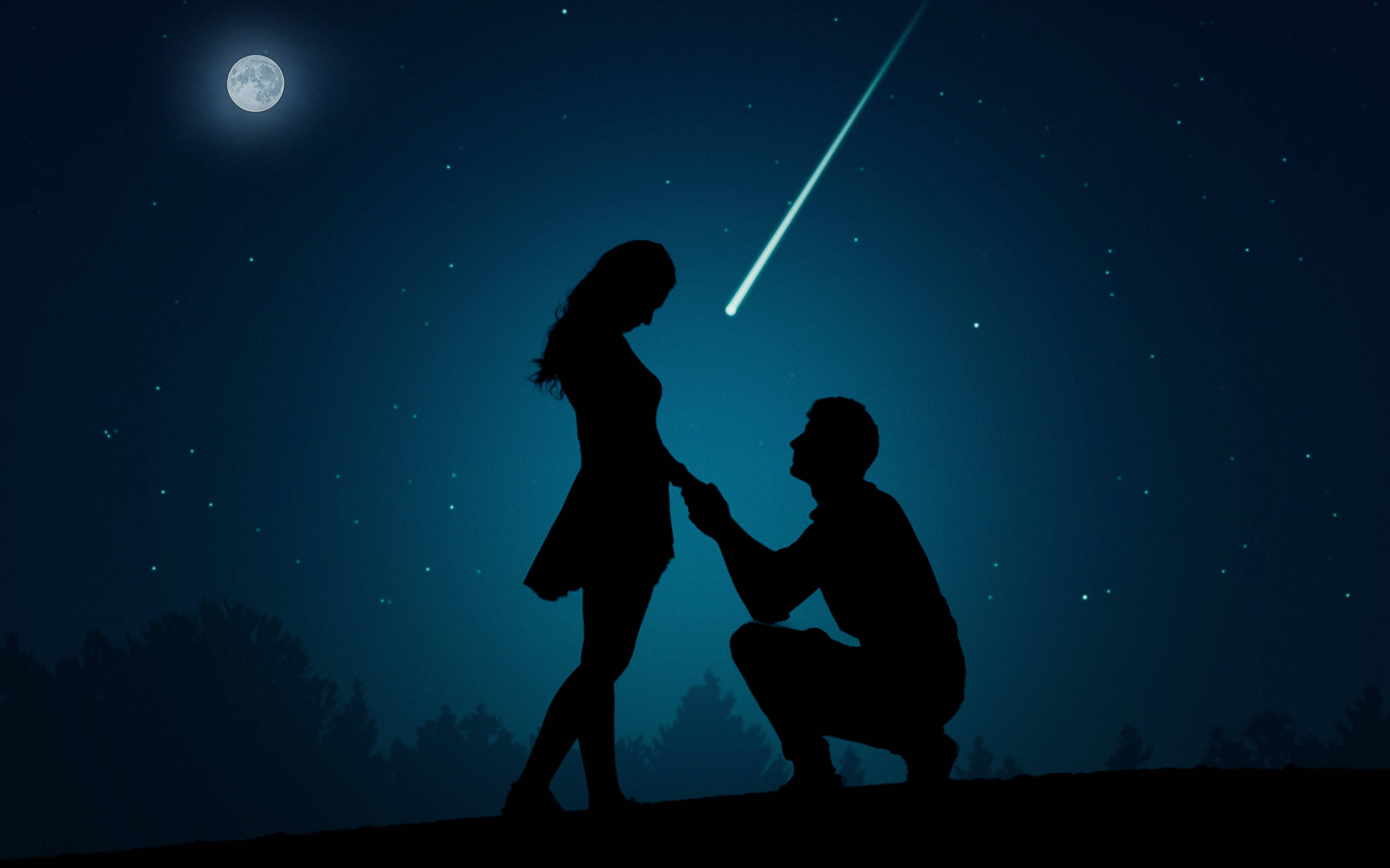 夜空 桌布 壁紙 — 一個男人跪下來向一個女人求婚，在月光下的天空，一顆明亮的流星劃過頭頂。