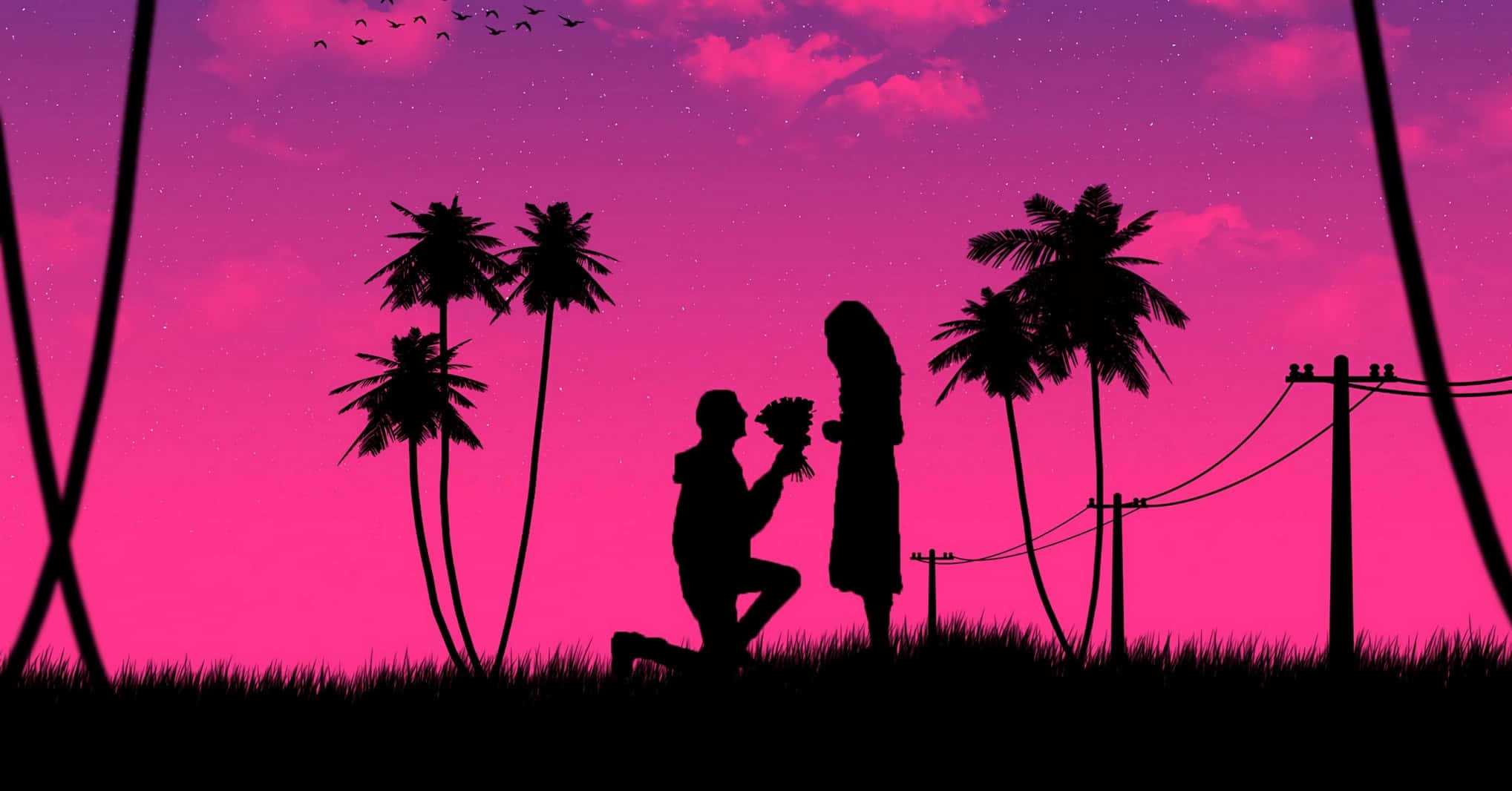Romantic Love 桌布 壁紙 — 一個男人跪下來用鮮花向女人求婚的剪影，背景是充滿活力的粉紅色日落天空，有棕櫚樹和鳥兒。