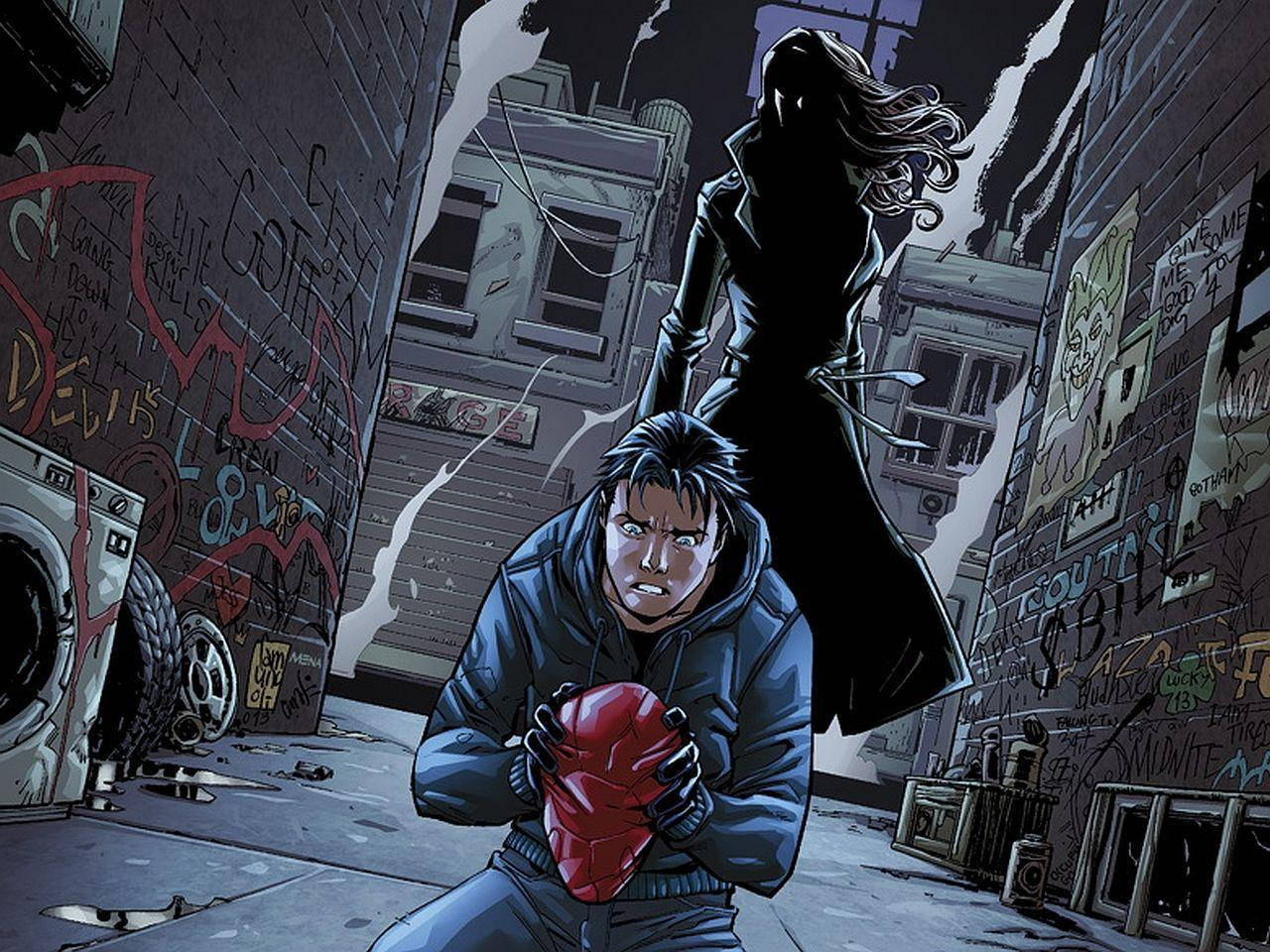 Comics 桌布 壁紙 — 一個男人蹲在佈滿塗鴉的小巷裡，緊握著一個紅色面具，身後有一個陰影般的身影逼近。