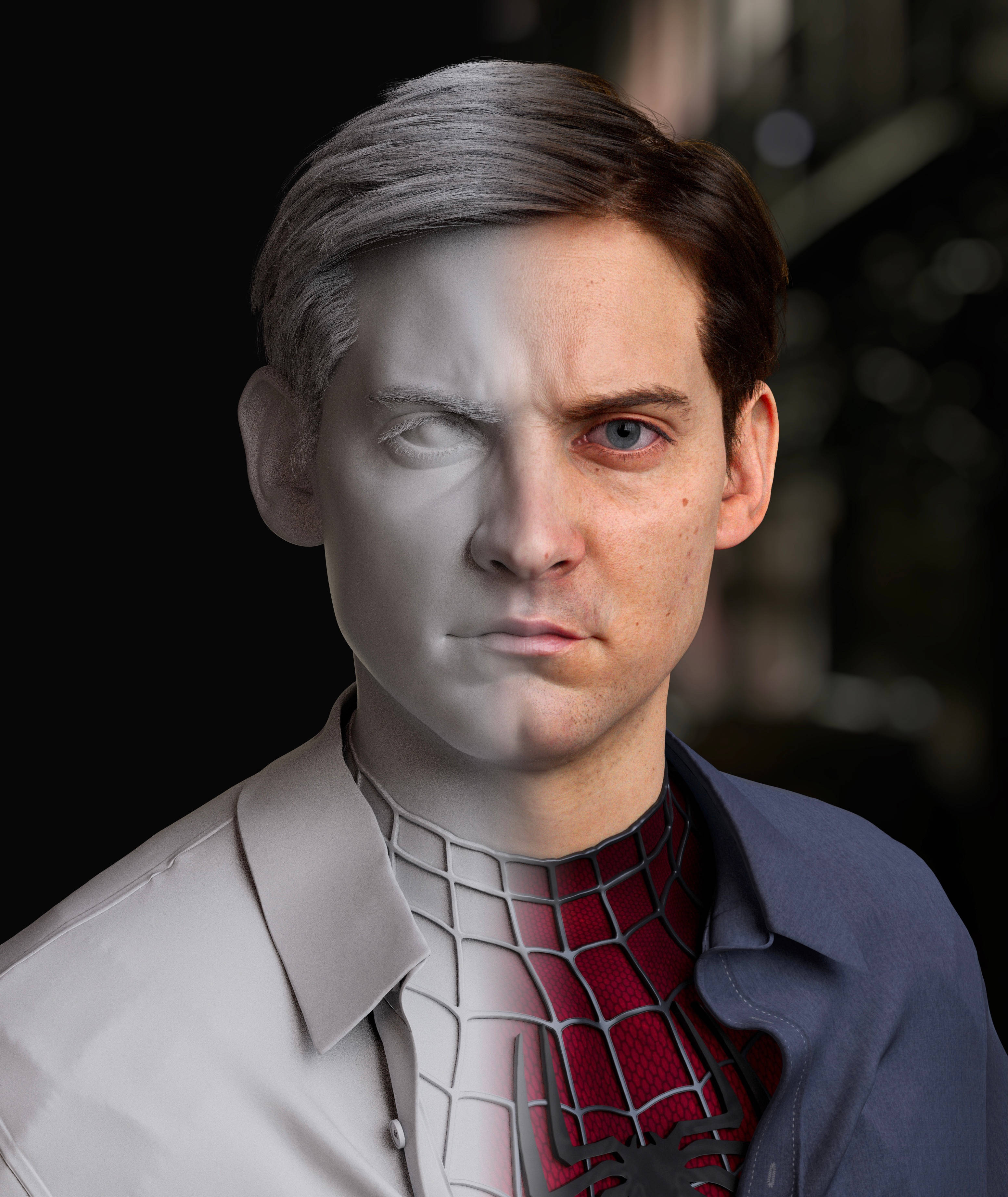 Tobey Maguire 桌布 壁紙 — 一個男人閉上一隻眼，睜開另一隻眼，穿著灰色外套下的紅藍蜘蛛裝，在黑暗模糊的背景前凝視著。